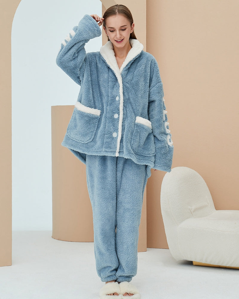Veste pyjama pilou col montant bleu canard femme grande taille