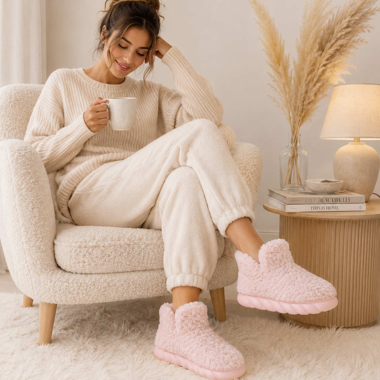 Chausson peluche femme rose