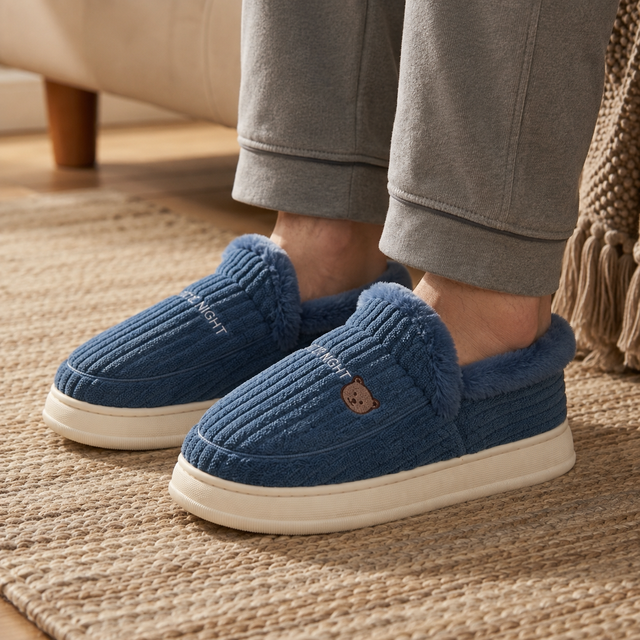 Chausson peluche pilou pilou bleu homme 