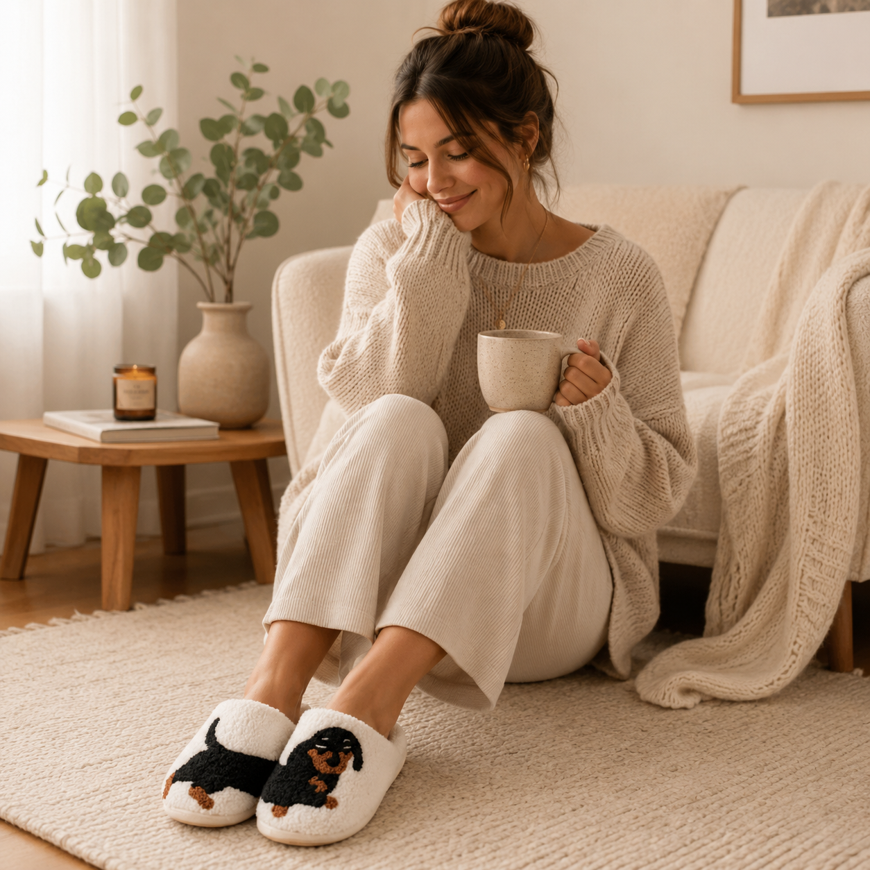 Chaussons chauds femme avec motif chien teckel