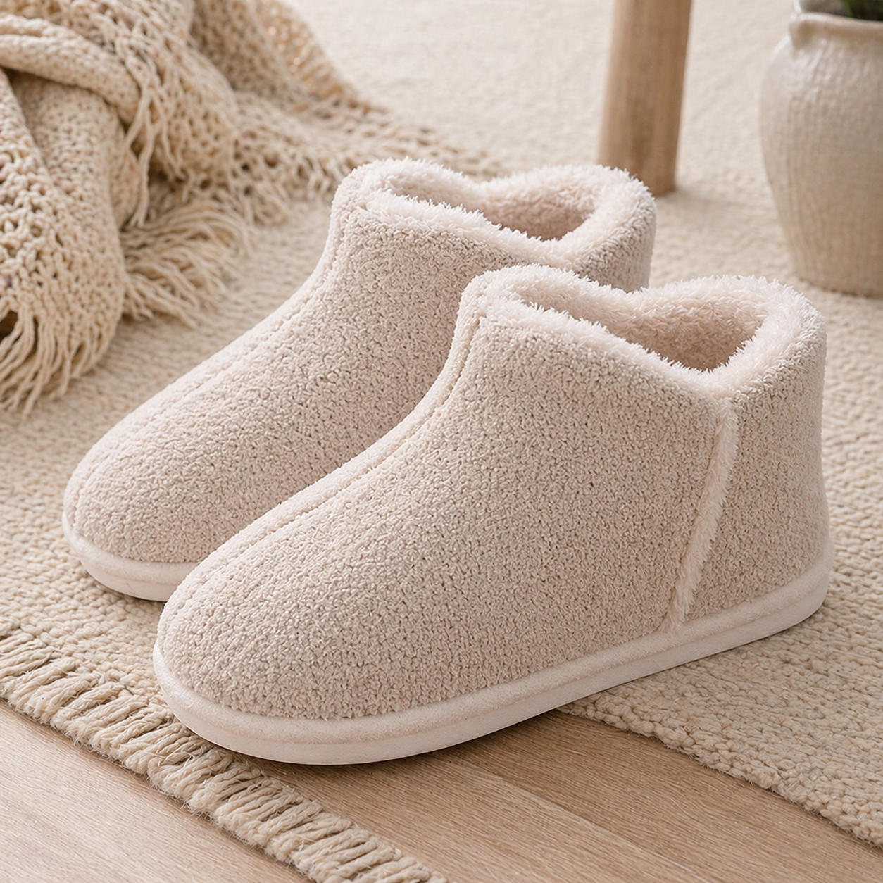 Chaussons femme beige en fausse fourrure doux et confortables