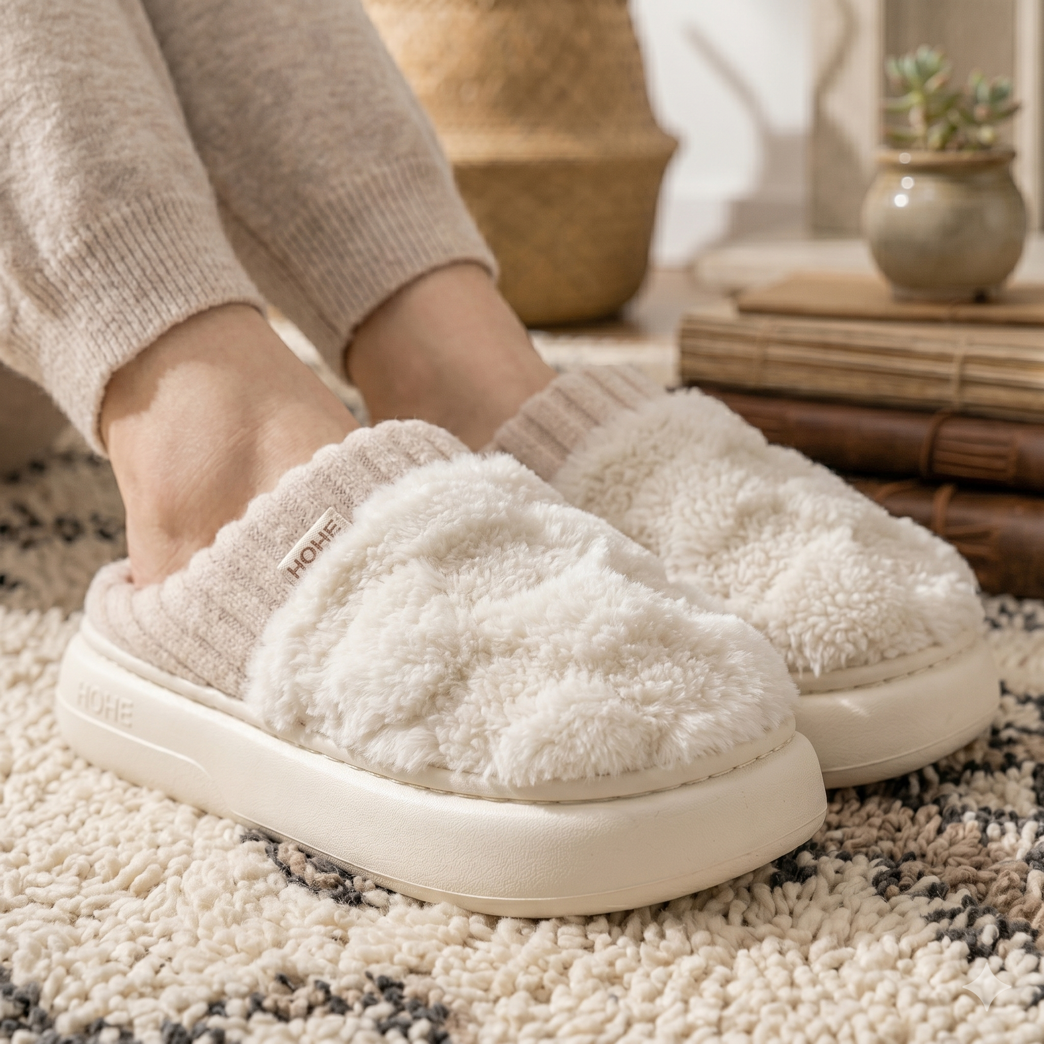 Chaussons femme beige motif carreaux en moumoute
