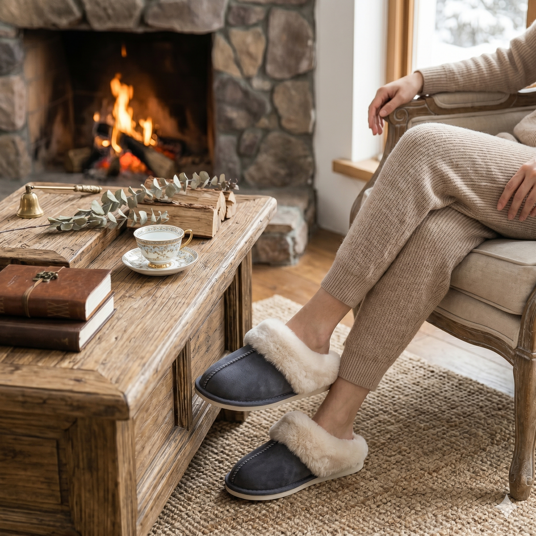 Chaussons femme bleu marine cocooning en pilou pilou doux