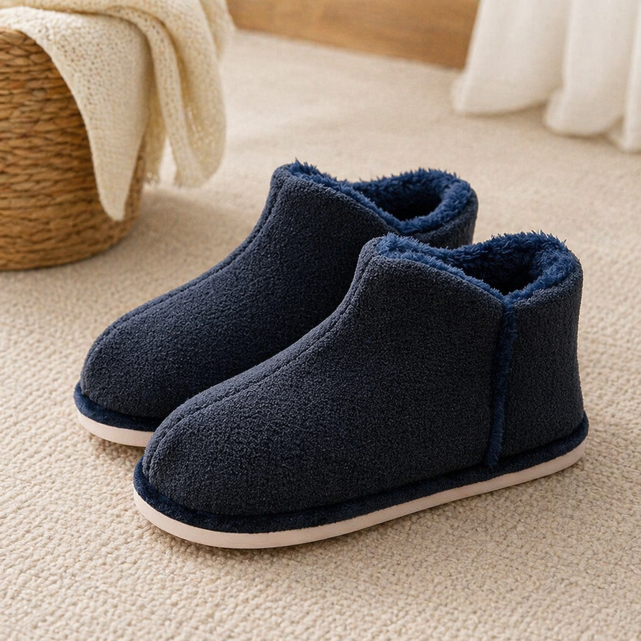 Chaussons femme bleu marine fourrés en mouton synthétique chaud