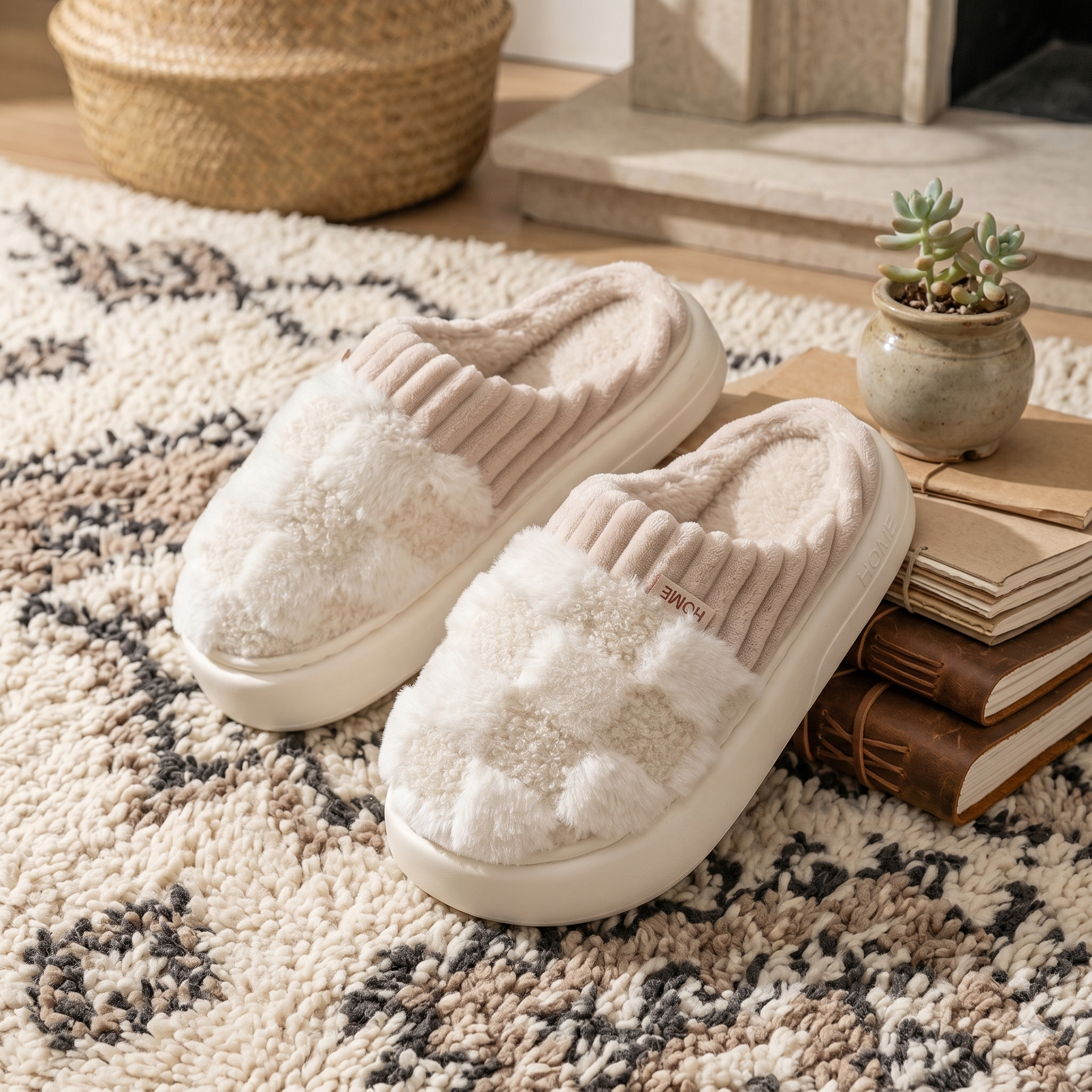 Chaussons femme carreaux beige cocooning en moumoute