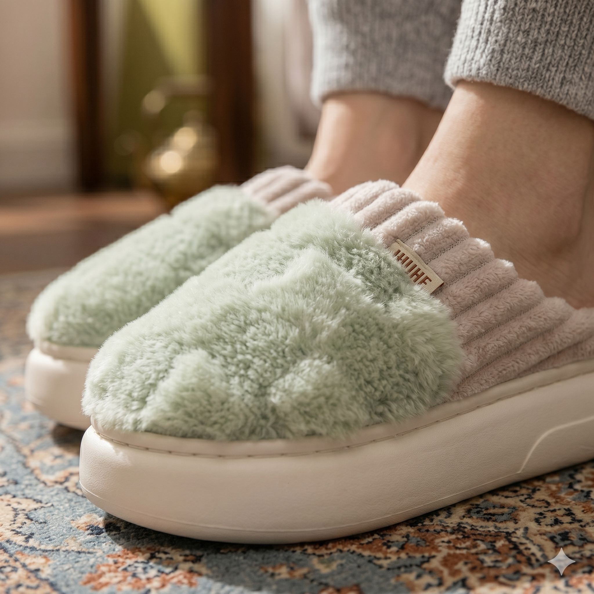 Chaussons femme carreaux verts confort hiver