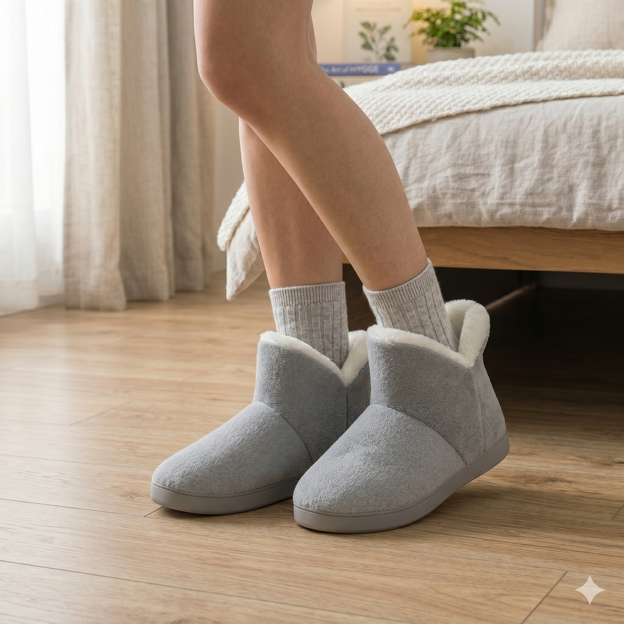 Chaussons femme gris en mouton synthétique doux et confortable