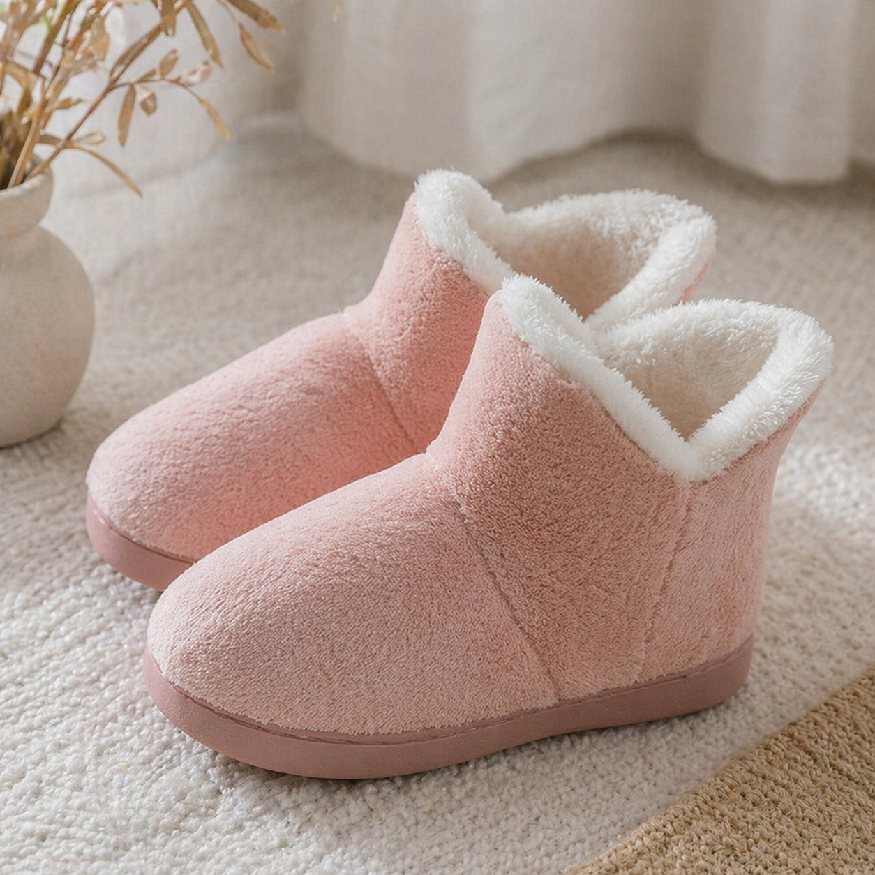 Chaussons femme molletonnés rose pastel