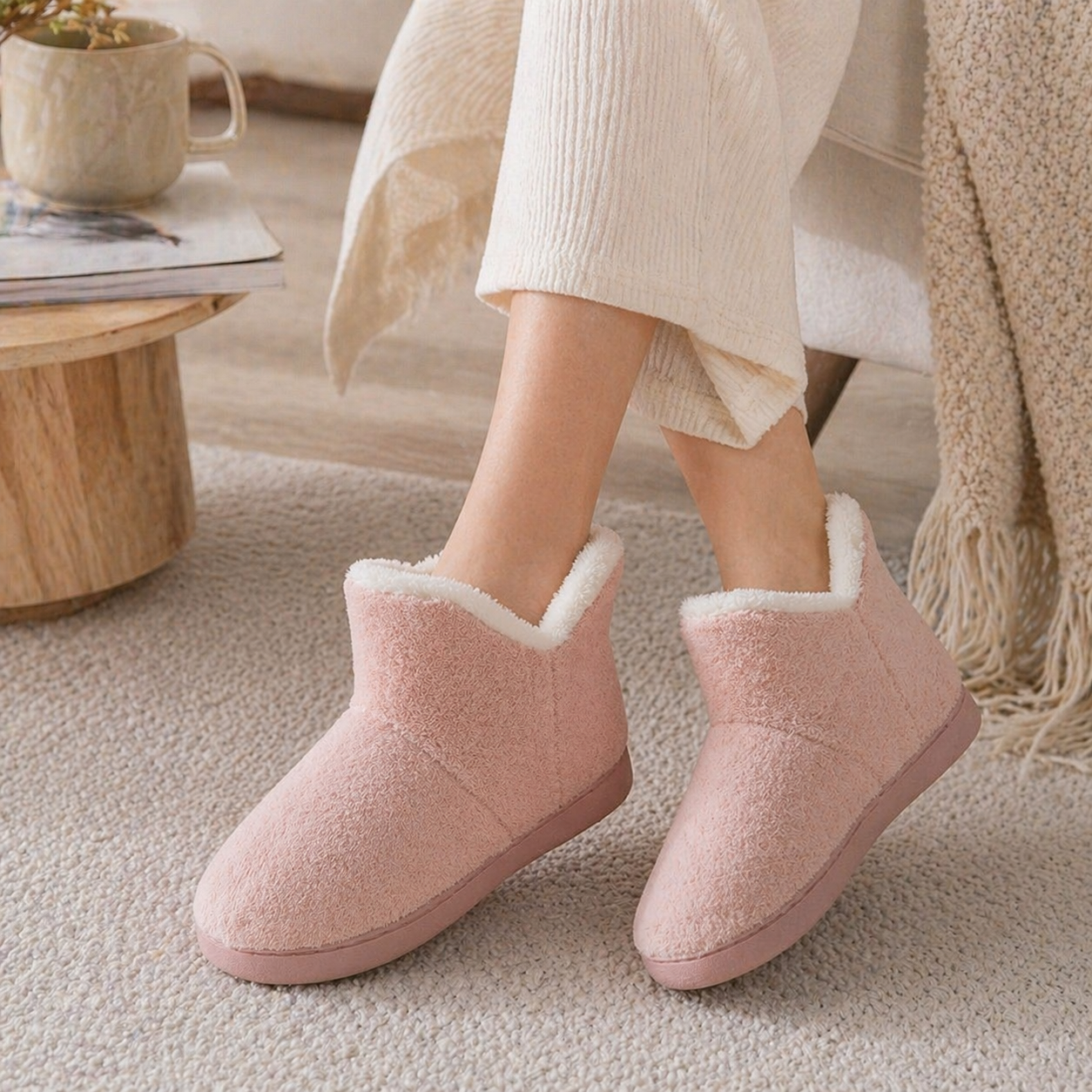 Chaussons femme molletonnés rose pastel doux et confortables