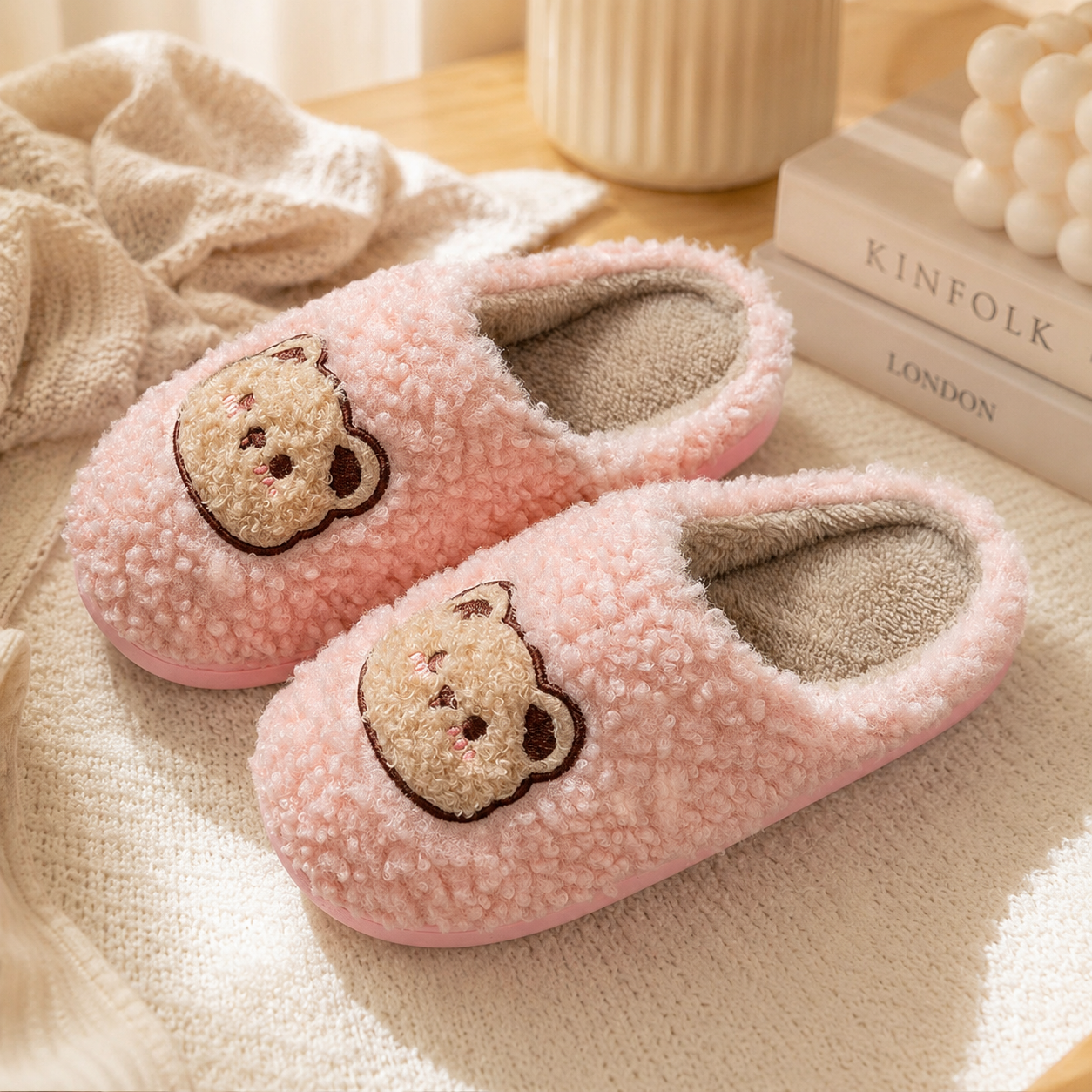 Chaussons femme peluche pilou pilou rose