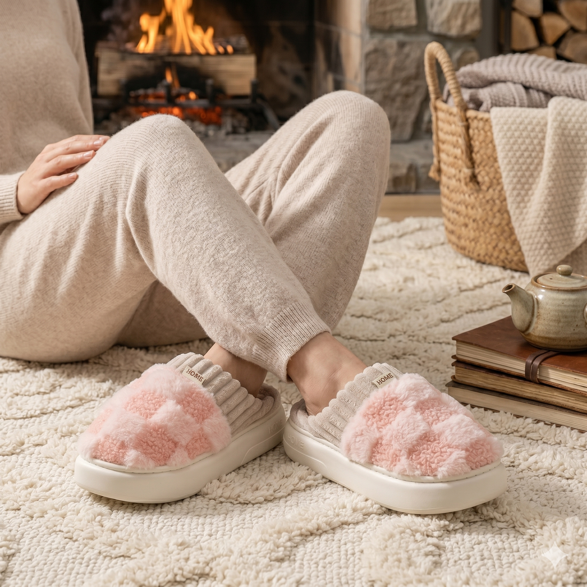 Chaussons femme rose carreaux cocooning en matière douce