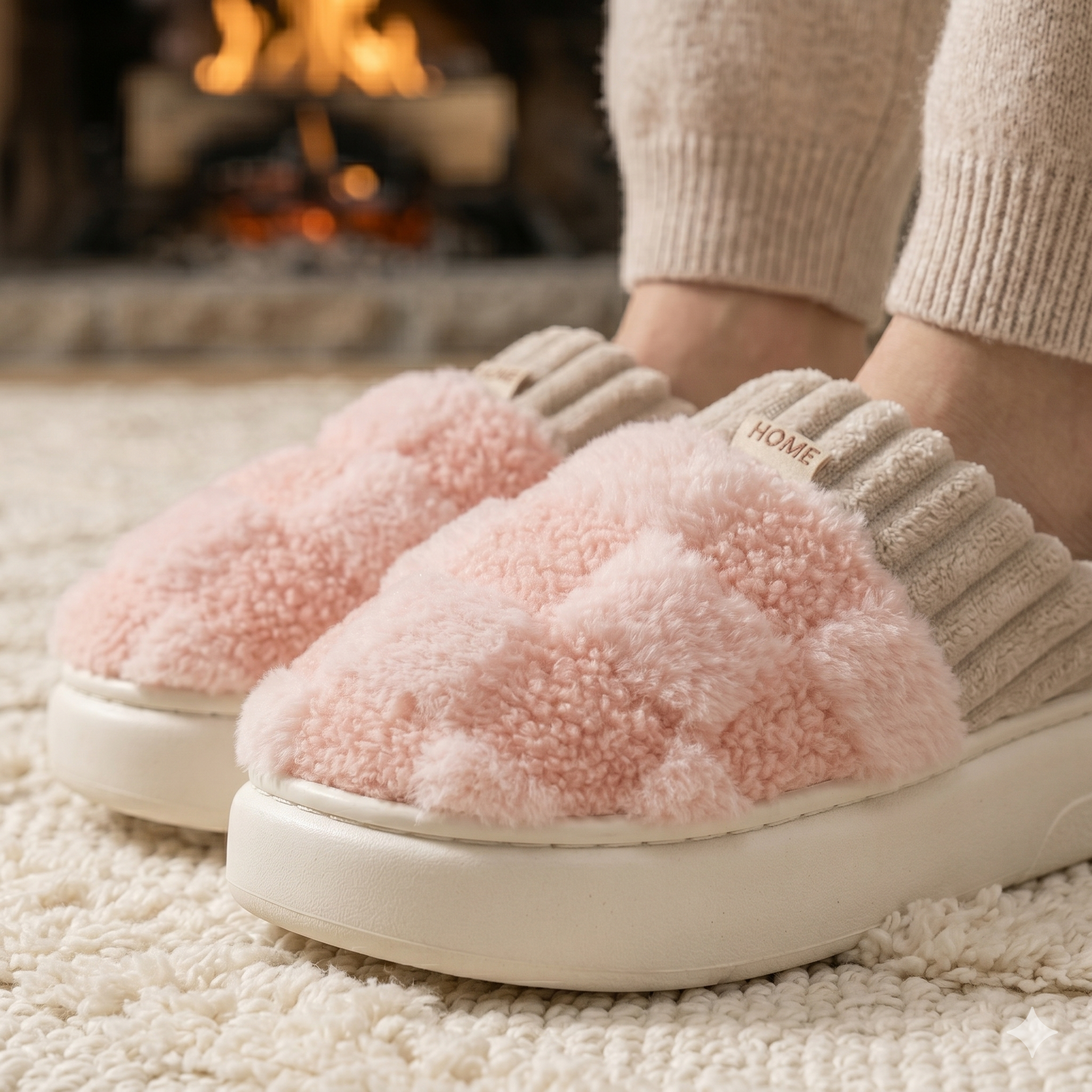 Chaussons femme rose motif carreaux pelucheux