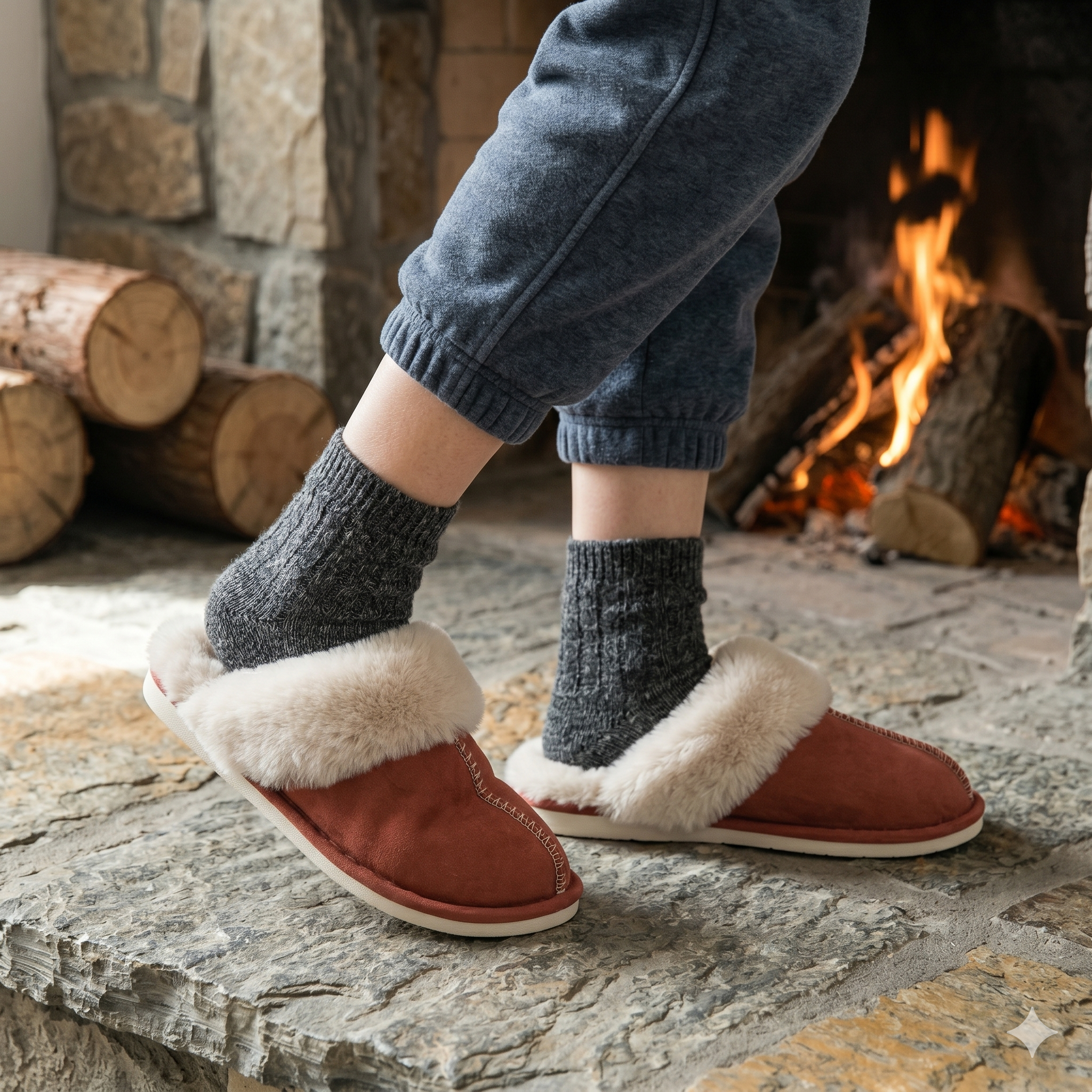 Chaussons femme rouges cocooning en matière pilou pilou