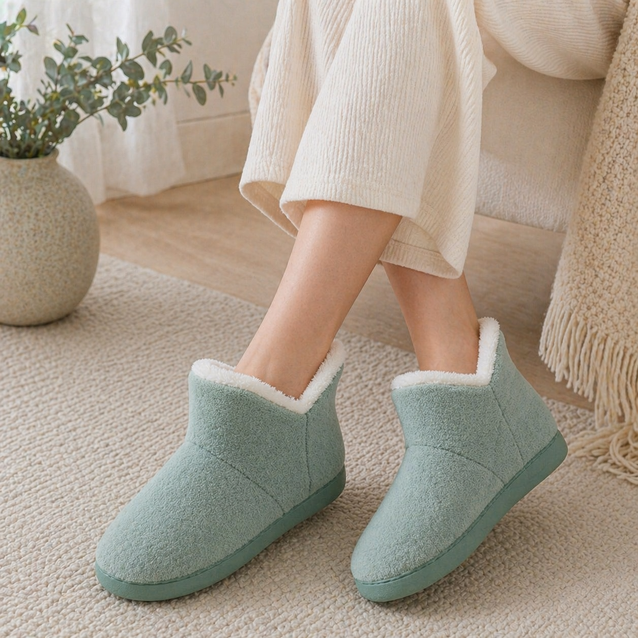 Chaussons femme vert d’eau en Pilou Pilou doux et confortable