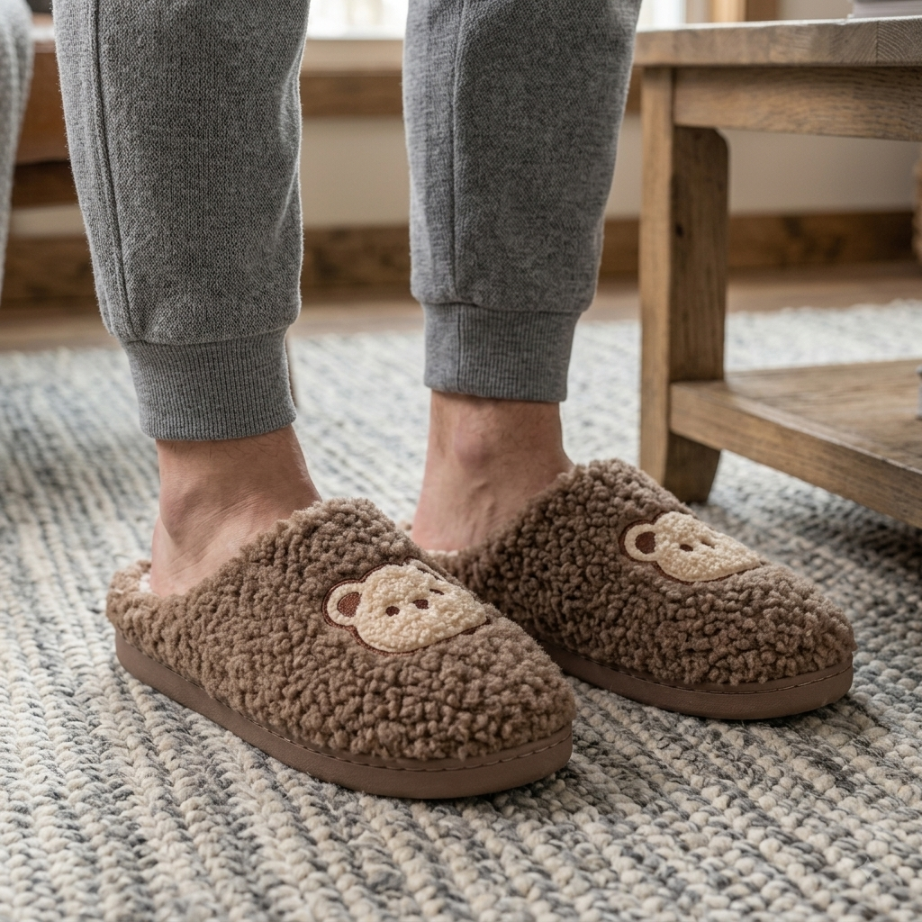 Chaussons originaux homme Pilou Pilou motif ourson marron