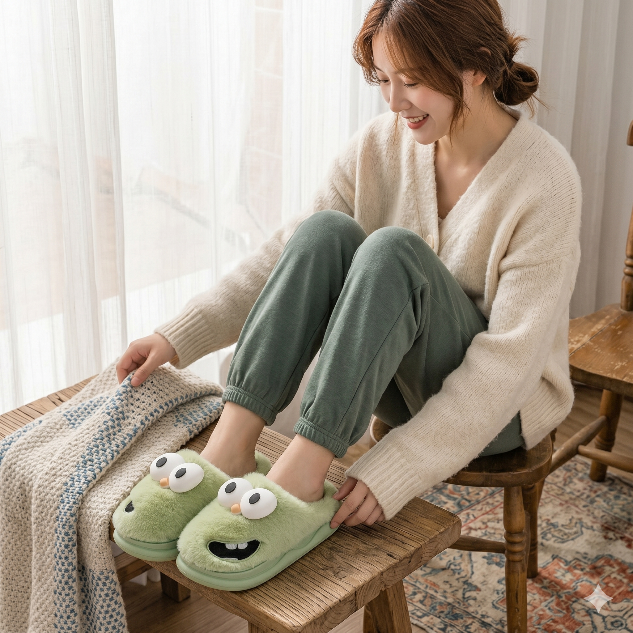 Chaussons peluche gros yeux pour femme
