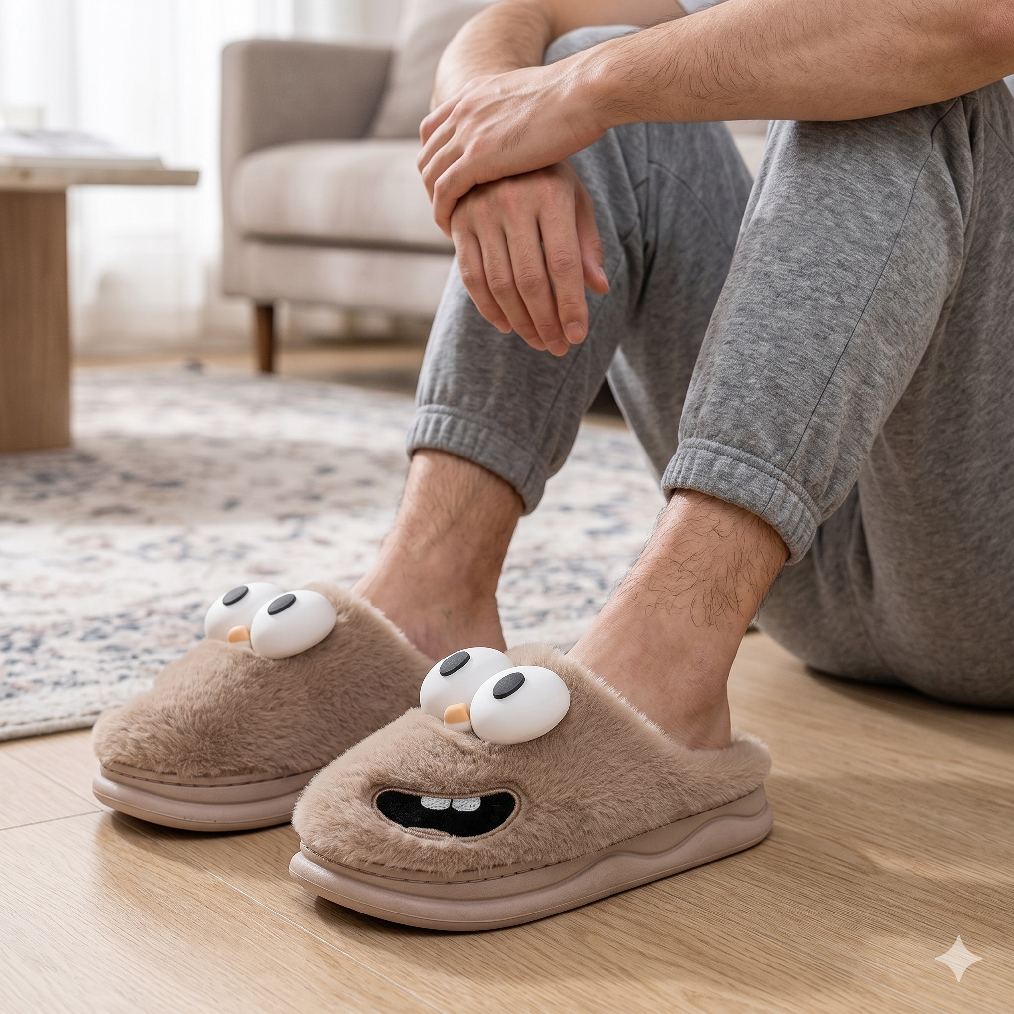 Chaussons peluche gros yeux pour homme