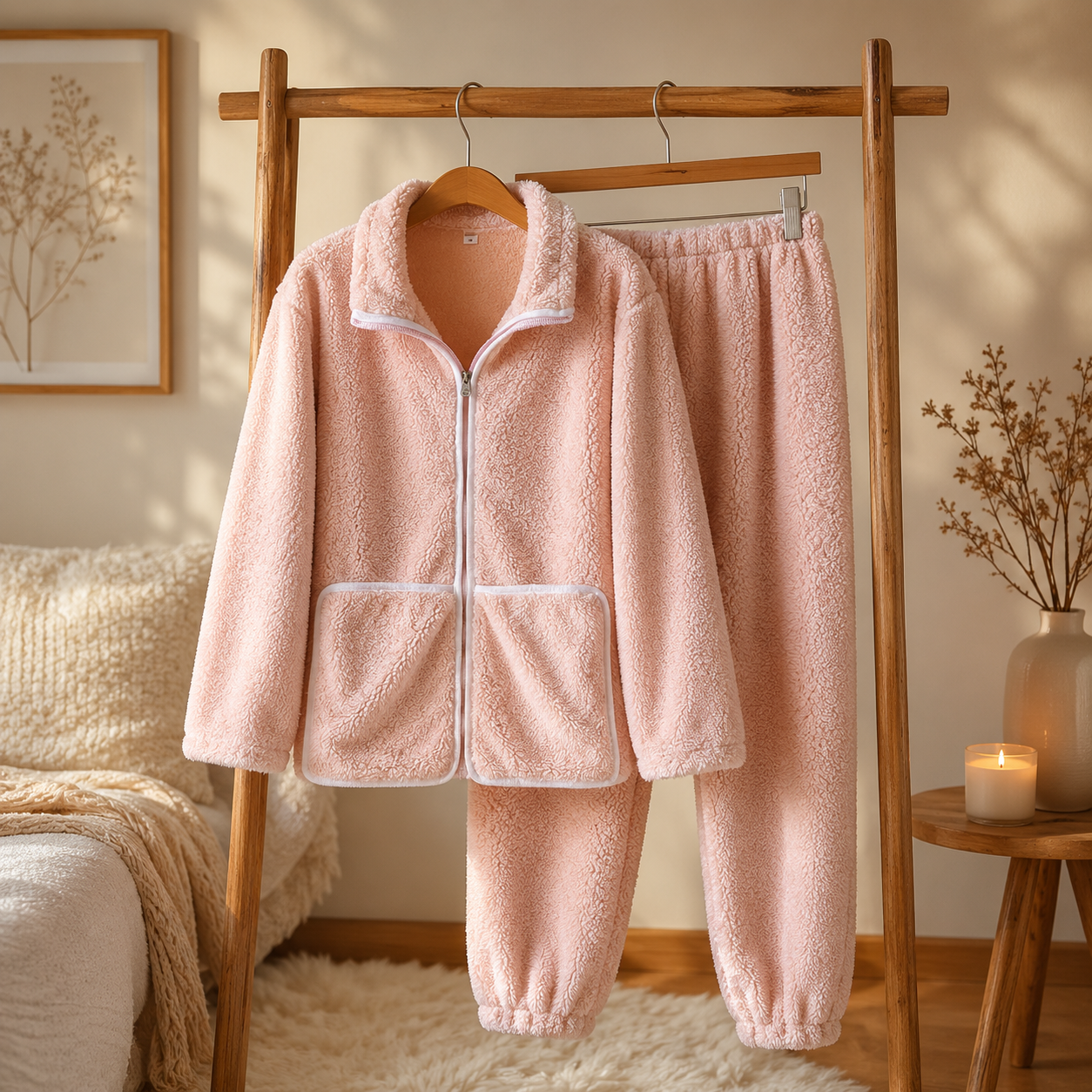 Ensemble pyjama polaire femme rose avec veste zippée