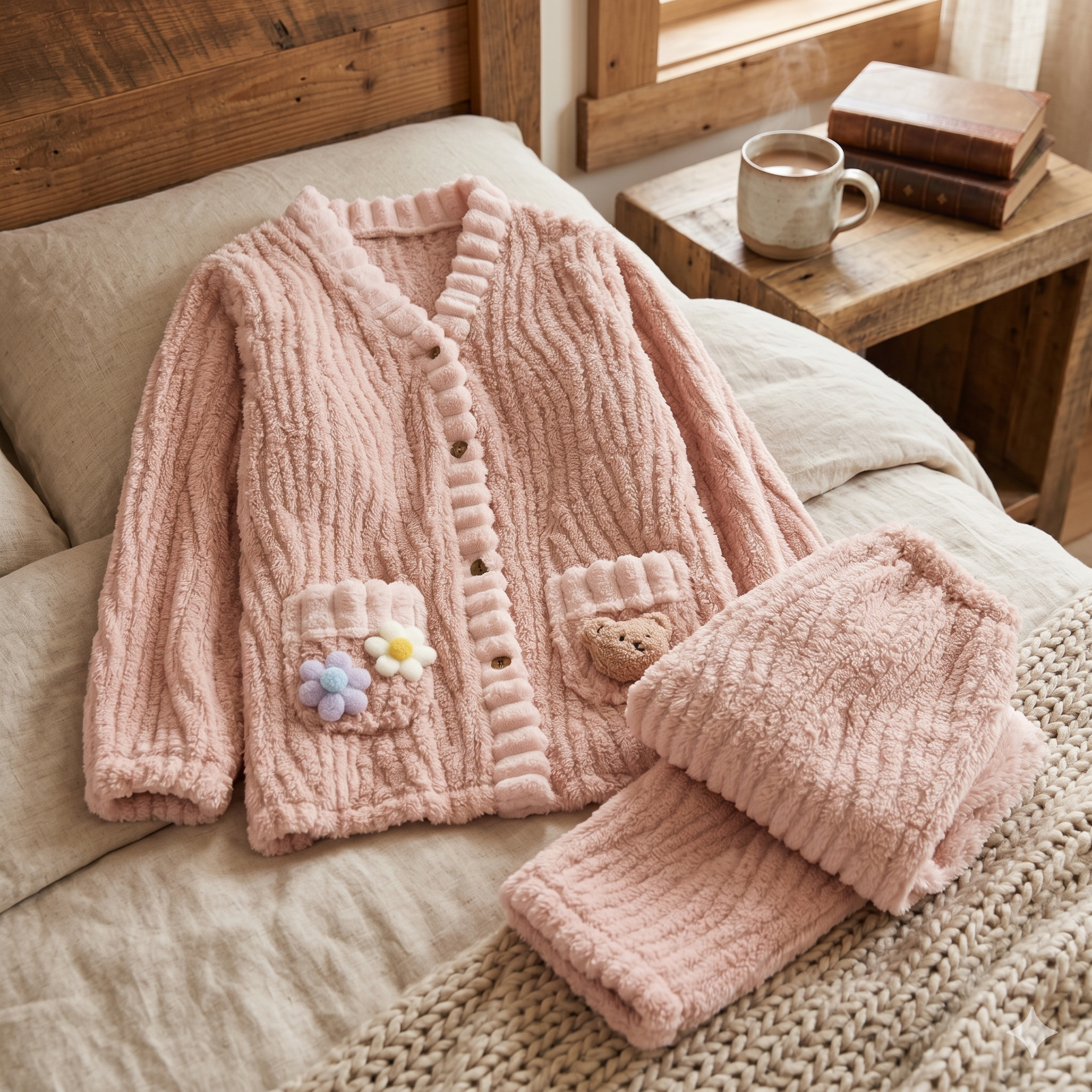 Pyjama rose molleton doux et chaud femme