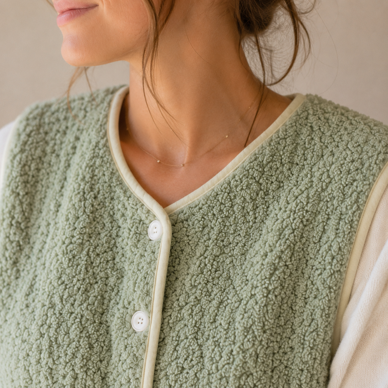 Gilet sans manches femme vert en matière pilou pilou