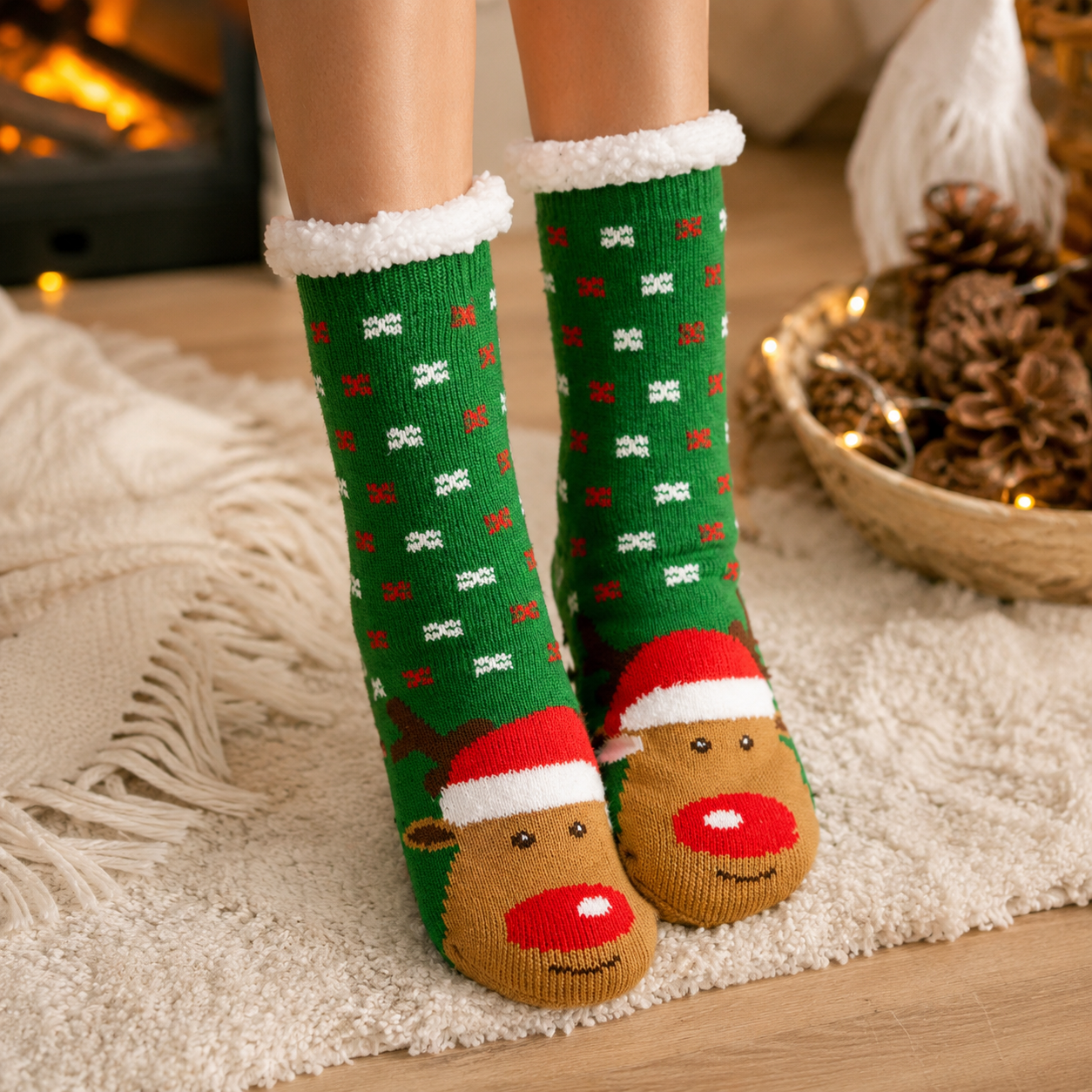 Grosses chaussettes femme verte style noel en pilou pilou
