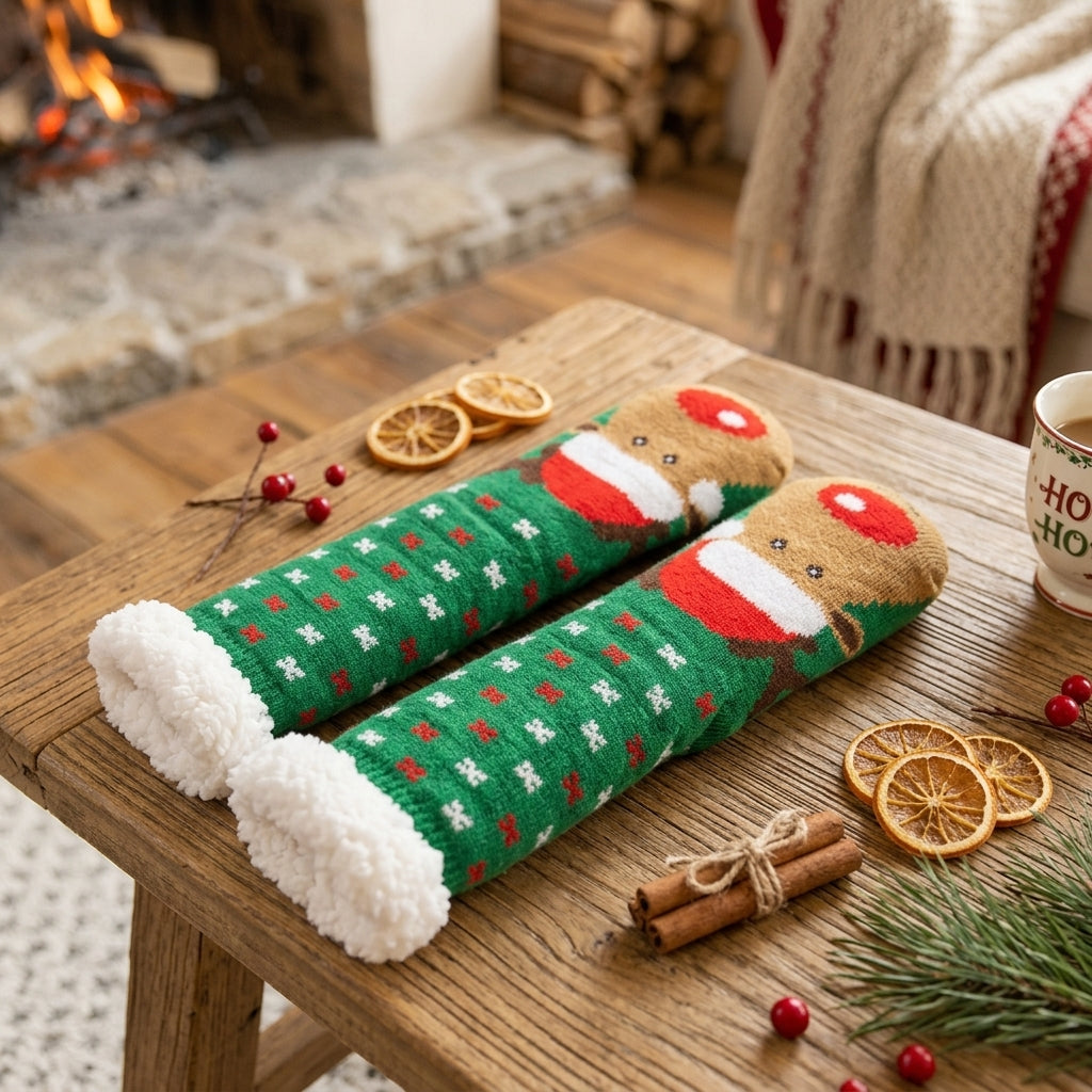 Grosses chaussettes pilou pilou femme verte style noel