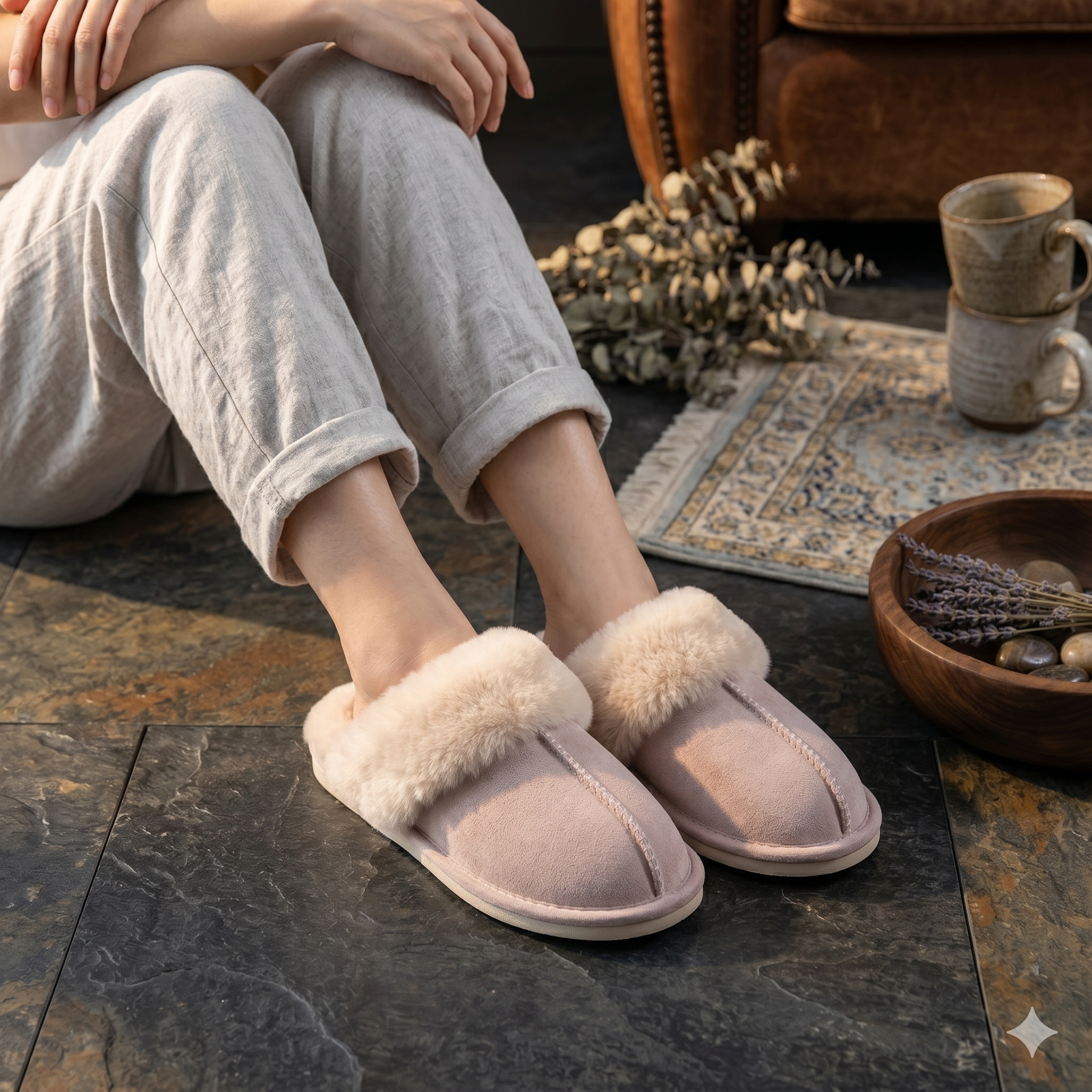 Mules femme beige pour maison en pilou pilou doux