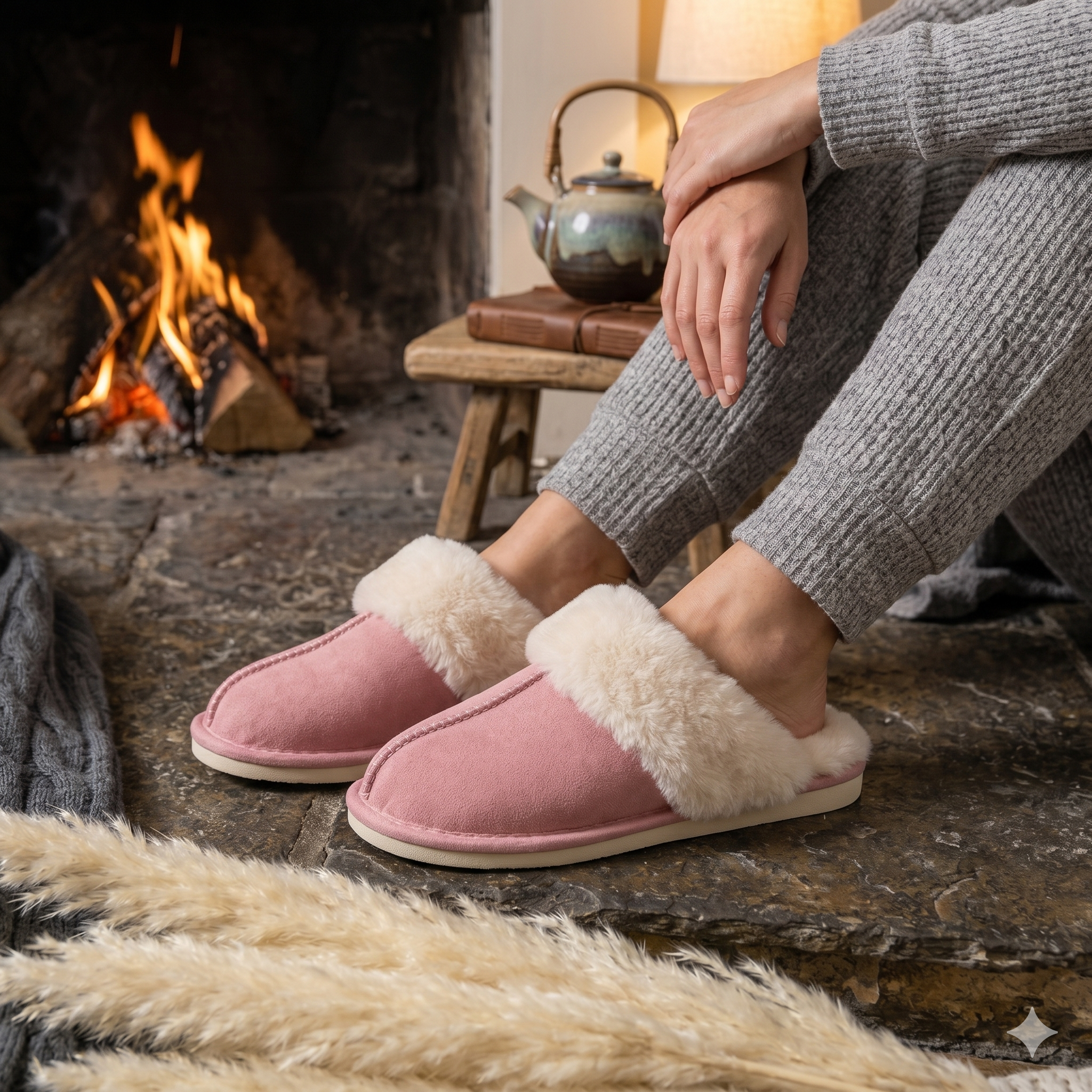 Mules femme rose cocooning en pilou pilou doux