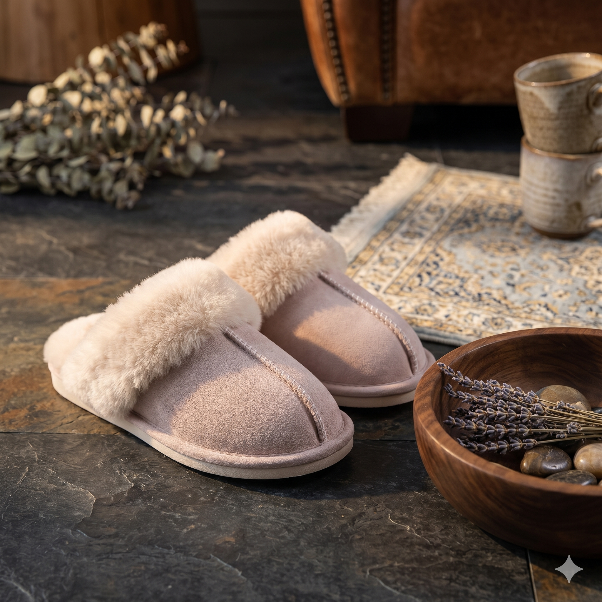 Mules pantoufles femme beige en pilou pilou chaudes