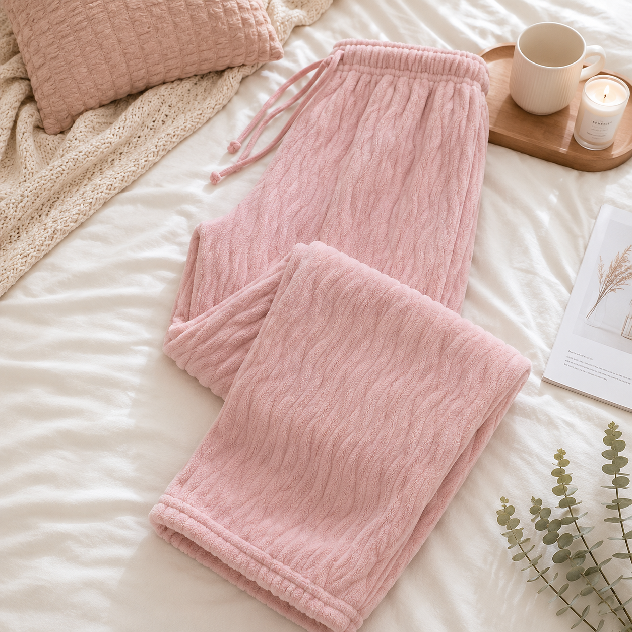 Pantalon de pyjama femme en matière pilou pilou rose