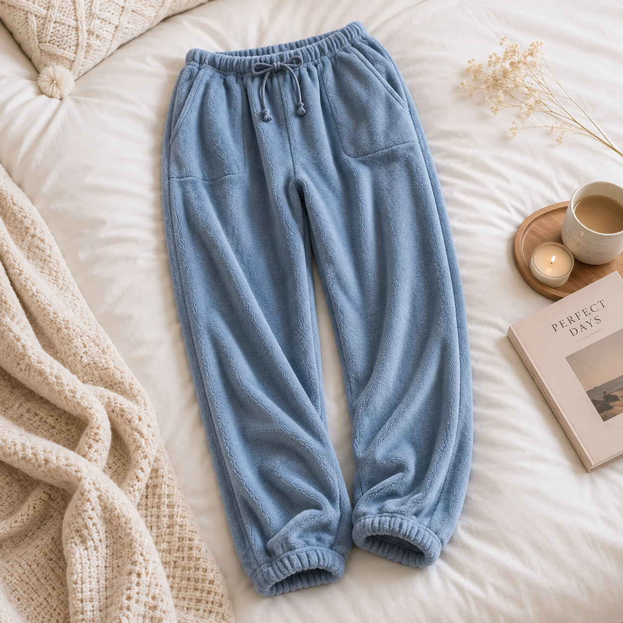 Pantalon de pyjama femme en matière polaire bleue