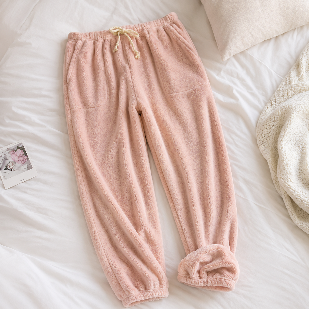 Pantalon de pyjama rose femme en matière pilou