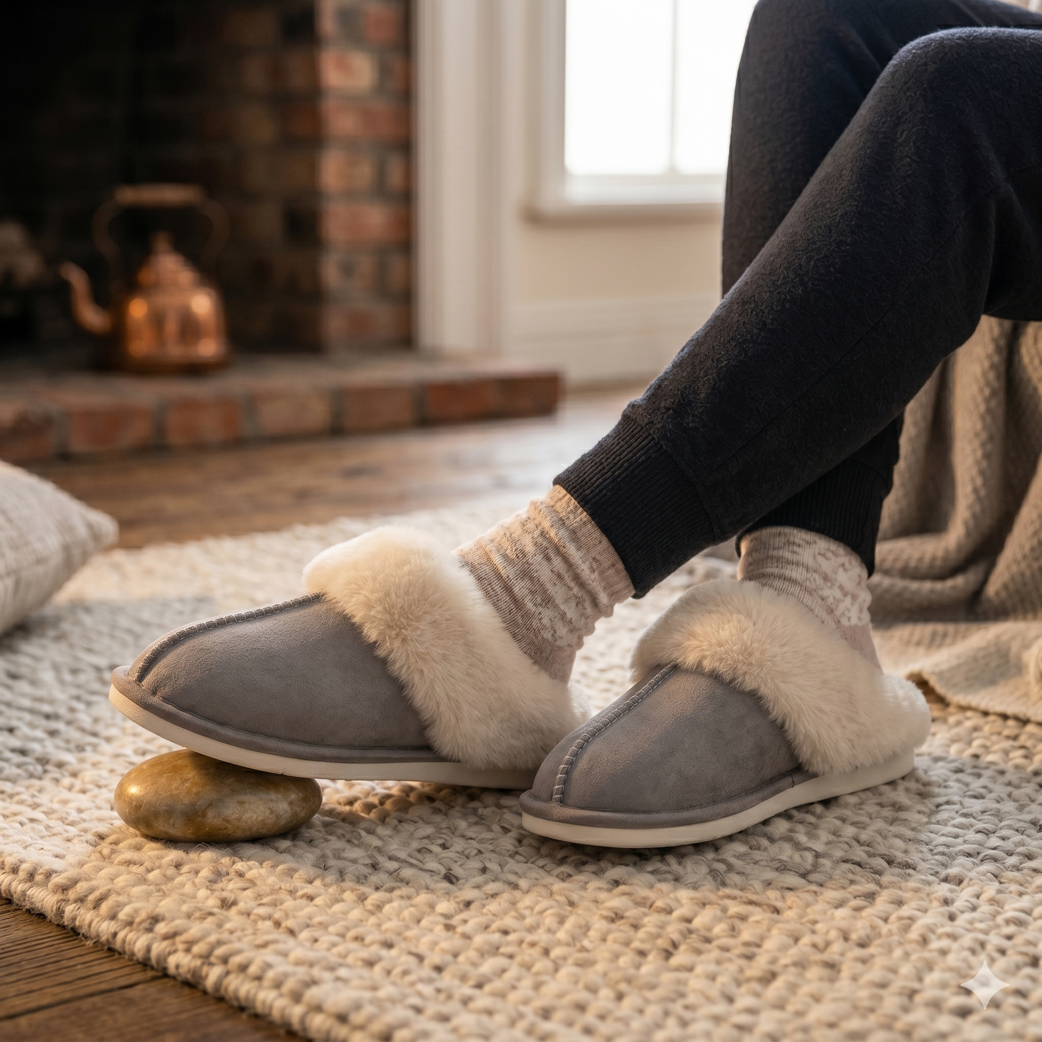 Pantoufles cocooning femme en pilou pilou gris doux