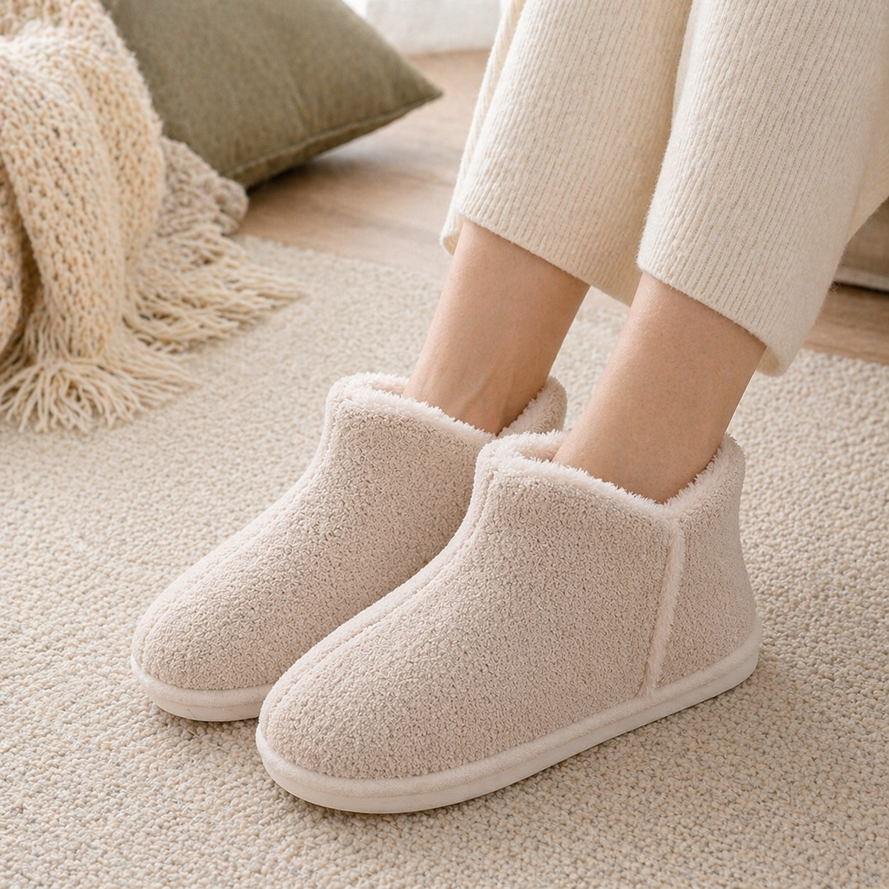 Pantoufles femme beige en fourrure synthétique moelleuse