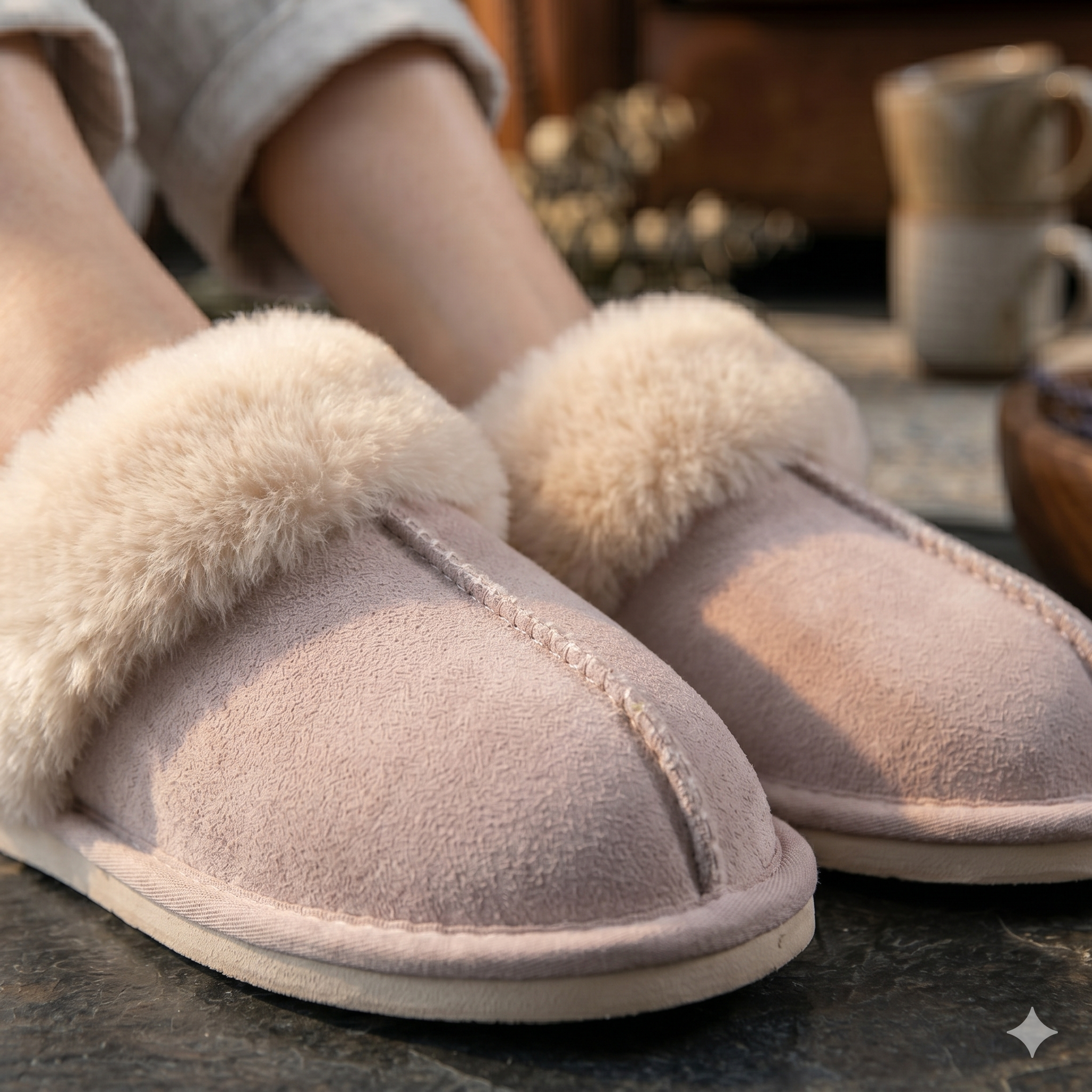 Pantoufles femme beige moelleuses style mule