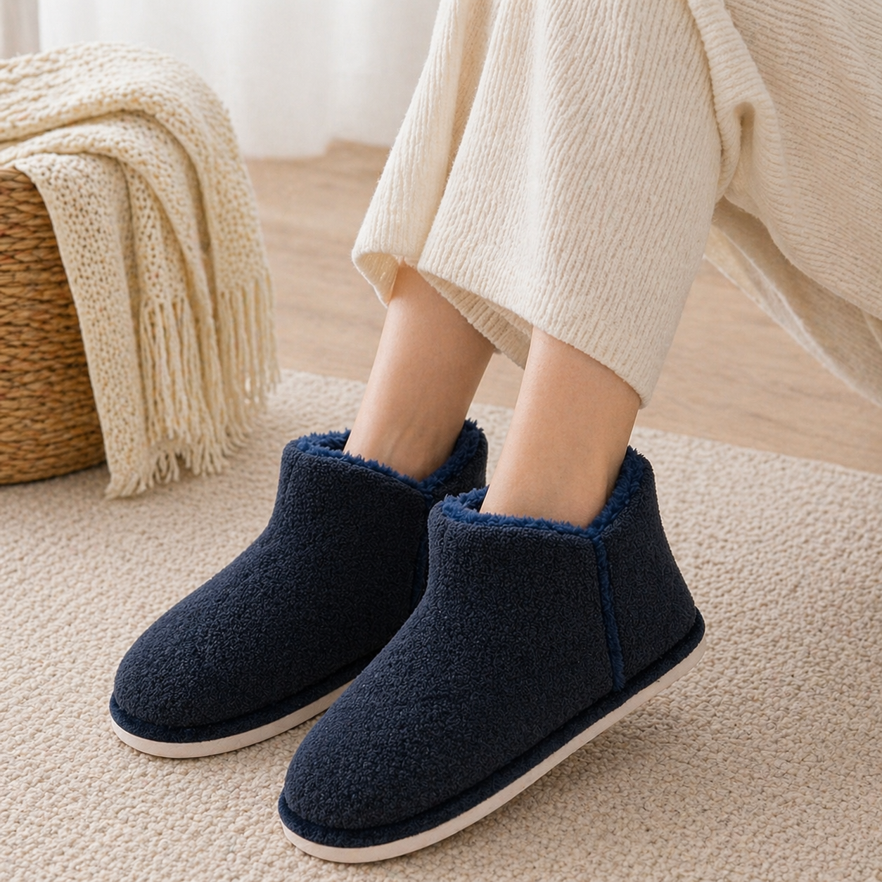 Pantoufles femme bleu marine doublure mouton synthétique douce