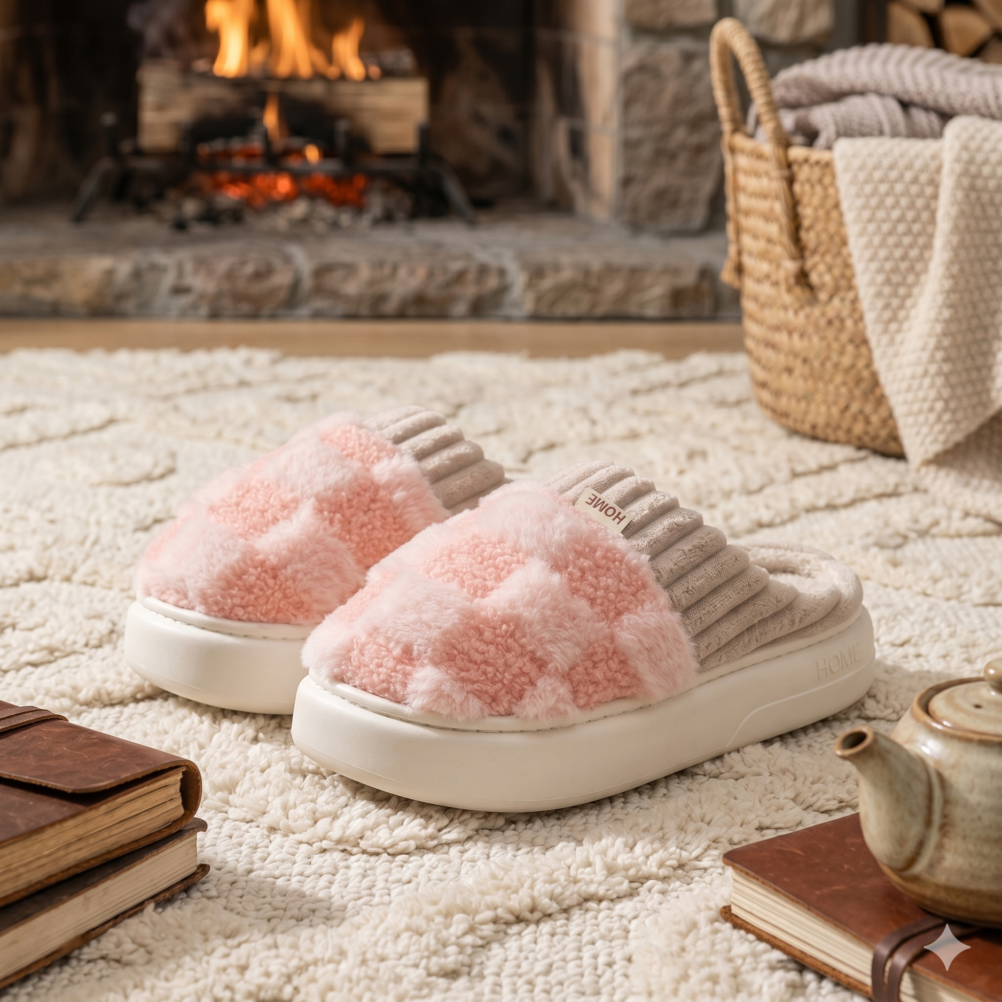 Pantoufles femme rose à carreaux en matière pelucheuse chaudes