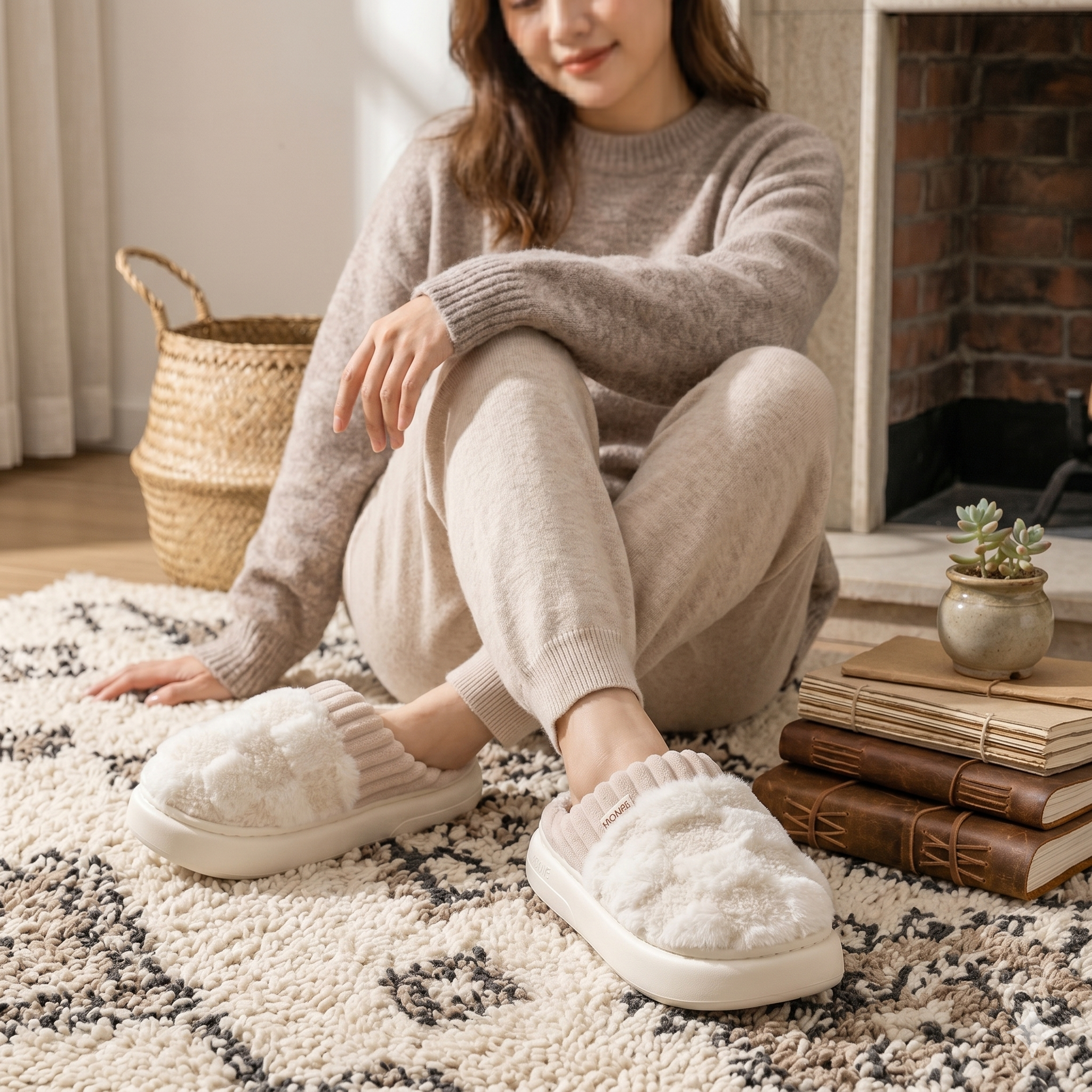Pantoufles hiver femme beige à carreaux ultra douces