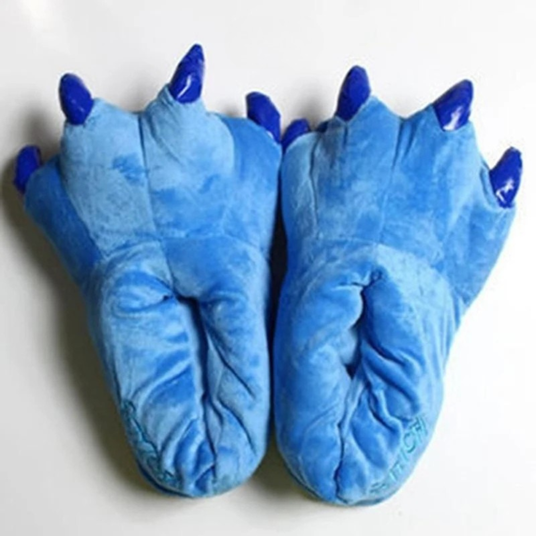 Pantoufles patte de dinosaure bleu