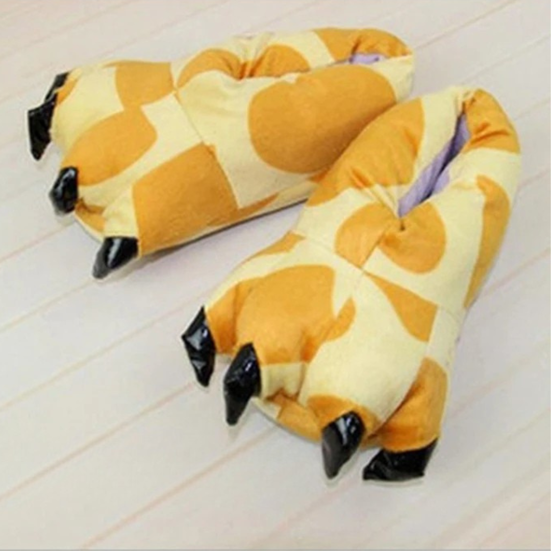Pantoufles patte de dinosaure jaune et orange