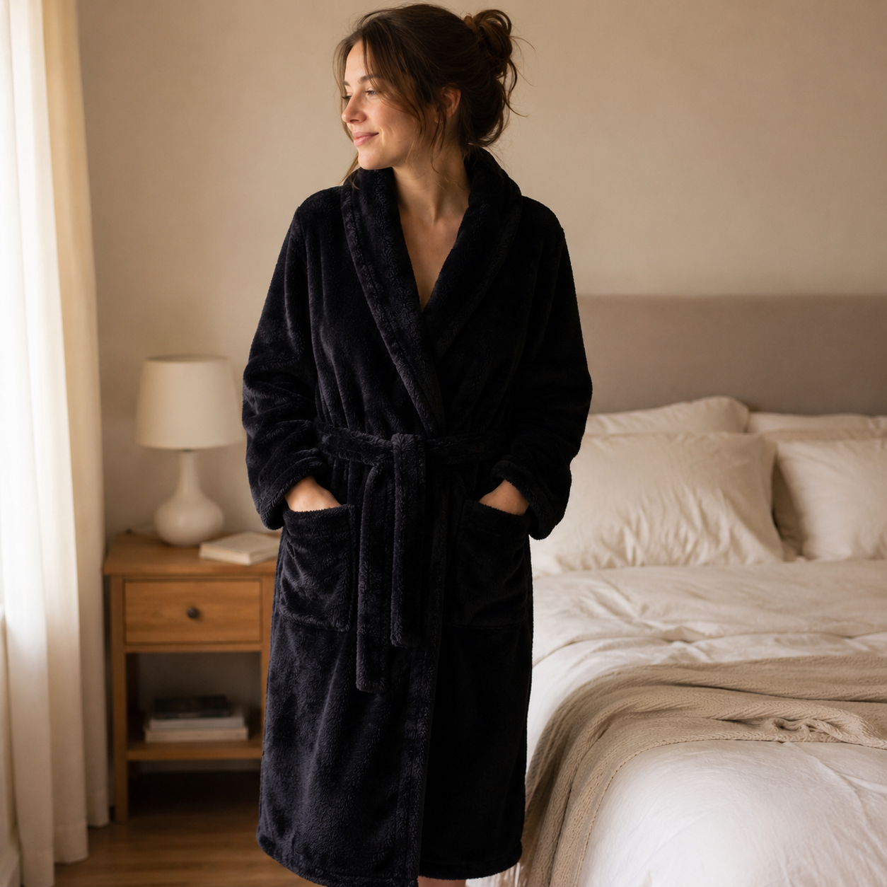 Peignoir de bain femme moelleux noir en pilou pilou