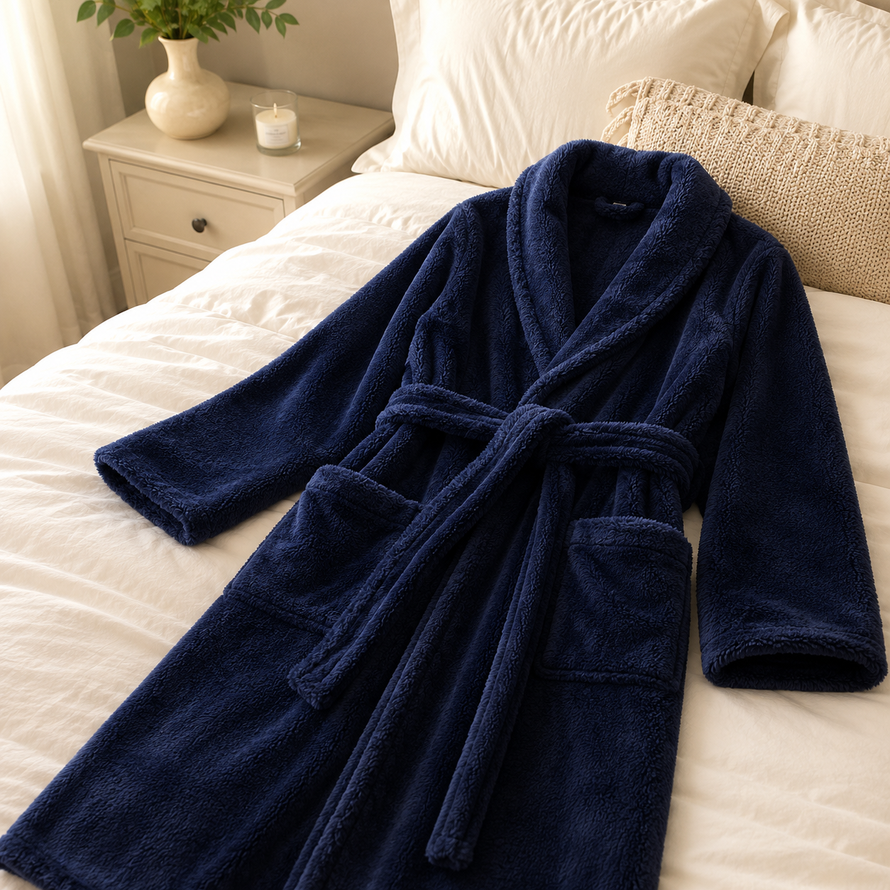 Peignoir femme chaud bleu marine en matière pilou pilou