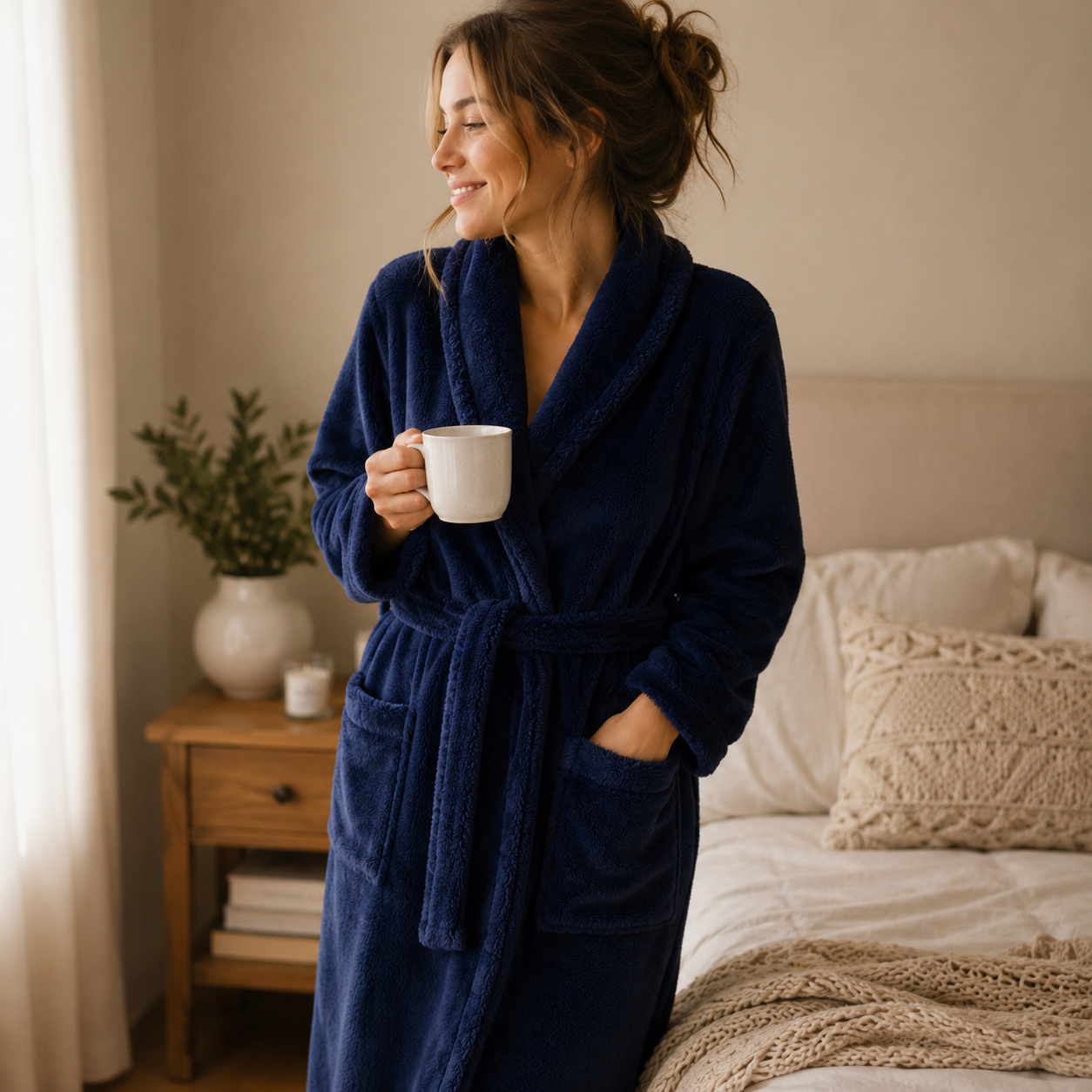 Peignoir hiver femme bleu marine en pilou pilou