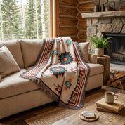 Plaid bohème beige terracotta et turquoise