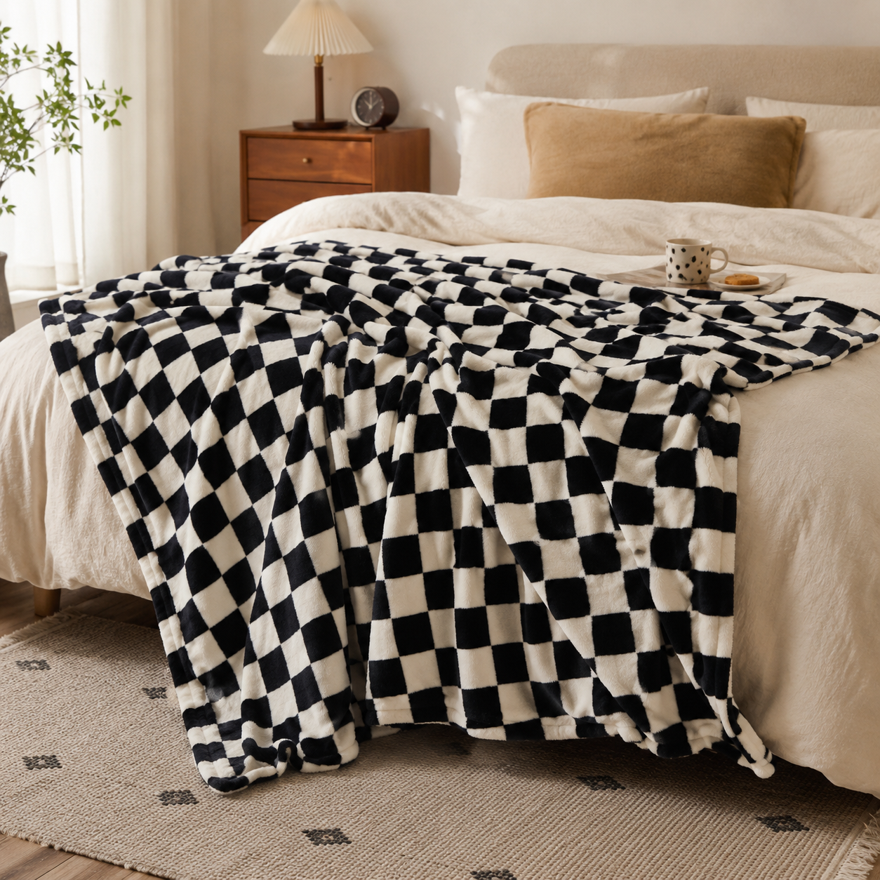 Plaid damier noir et blanc sur un lit