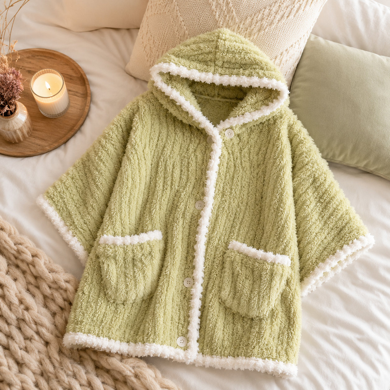 Poncho pilou pilou femme vert chaud et confortable
