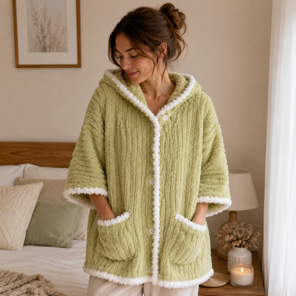 Poncho pilou pilou vert avec finitions blanches