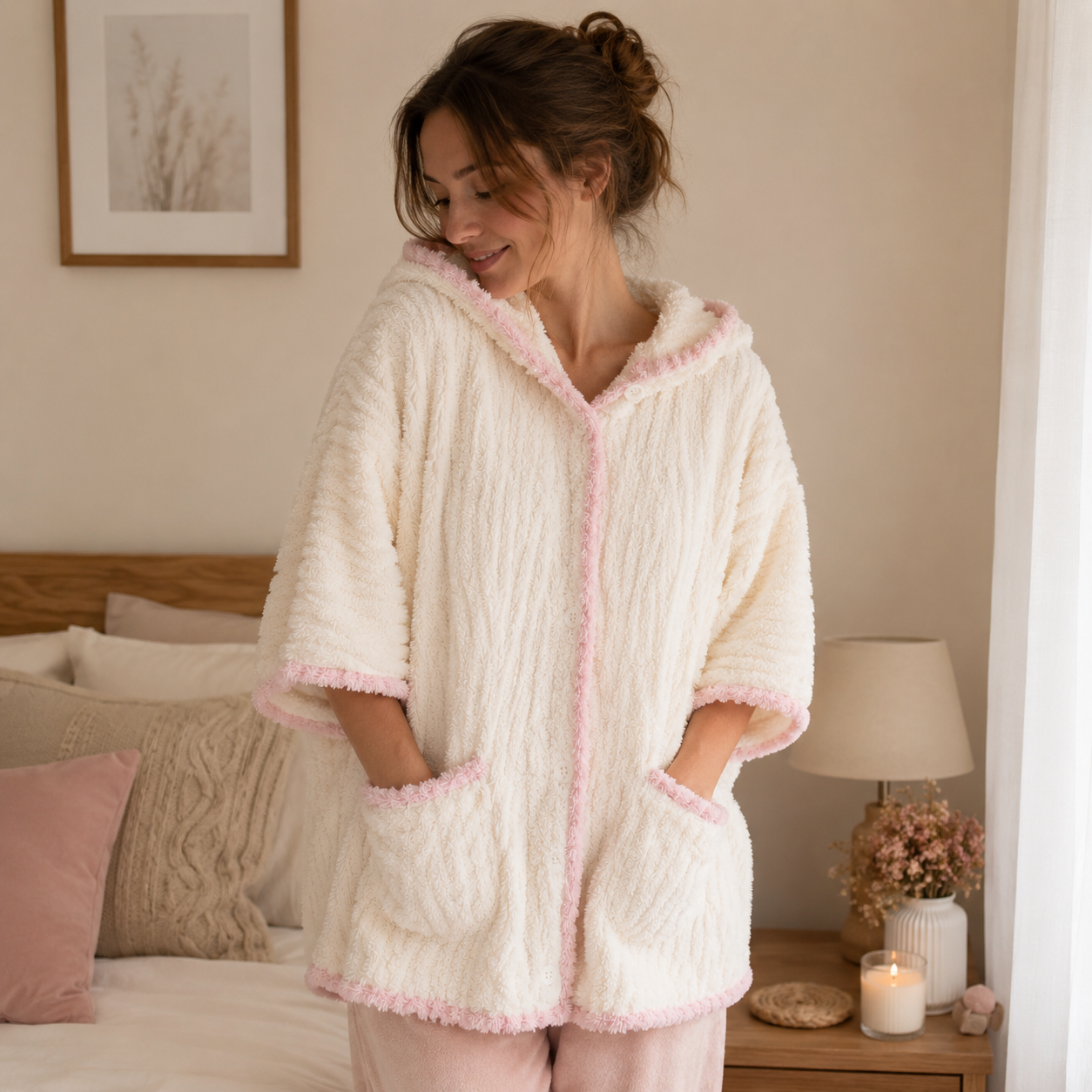 Poncho pyjama pilou pilou blanc et rose femme