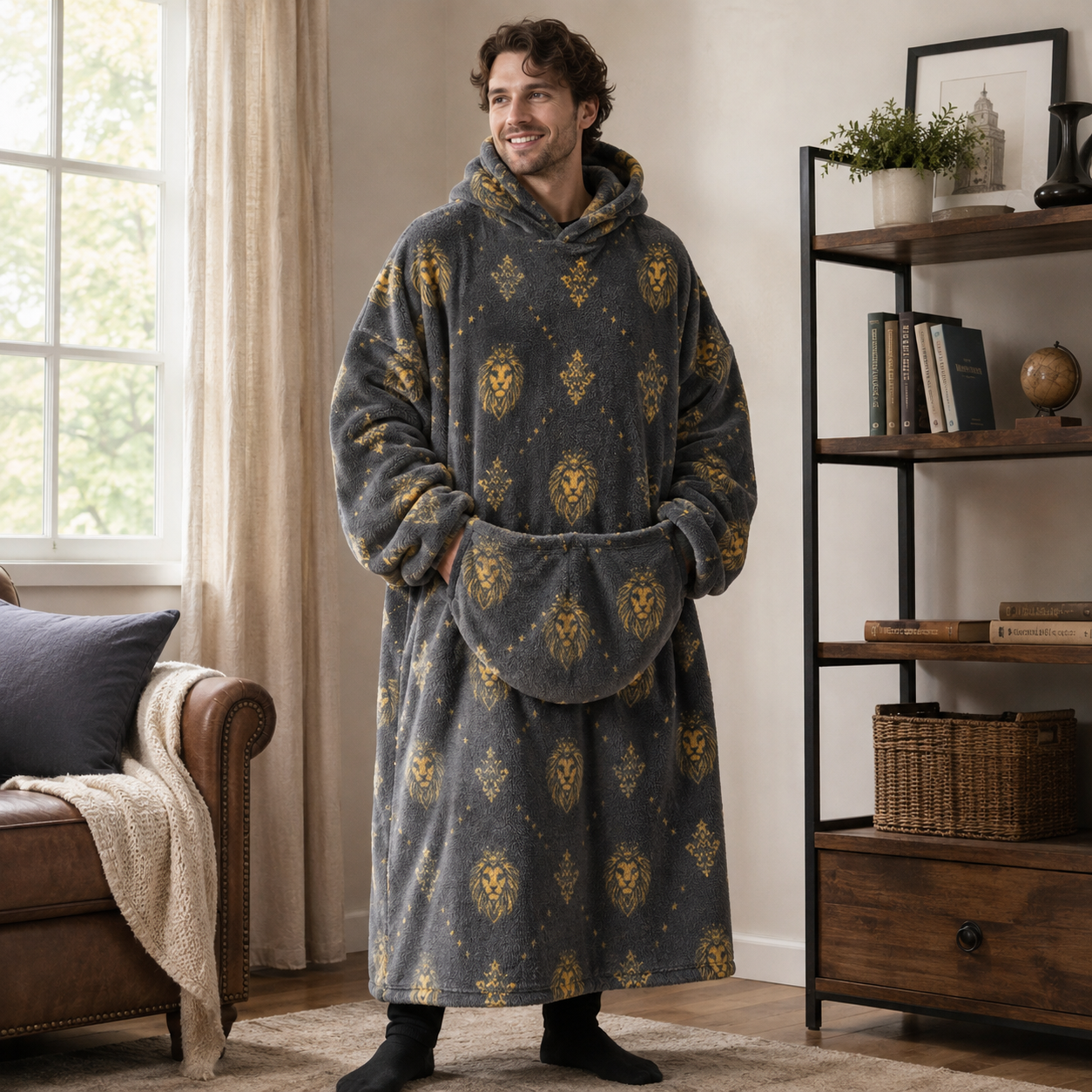 Pull plaid Pilou Pilou extra long à motifs lions