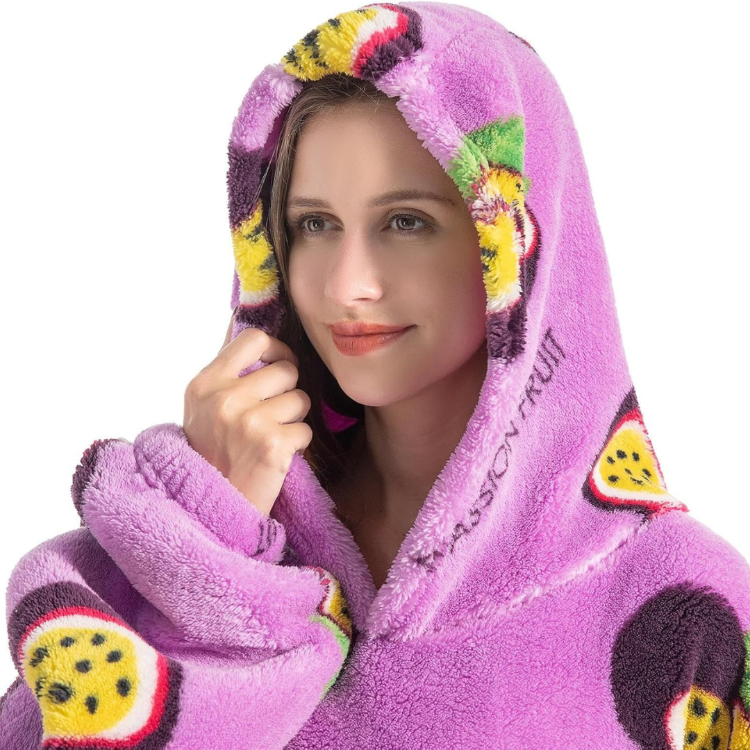 Pull plaid violet à motifs de fruits exotiques